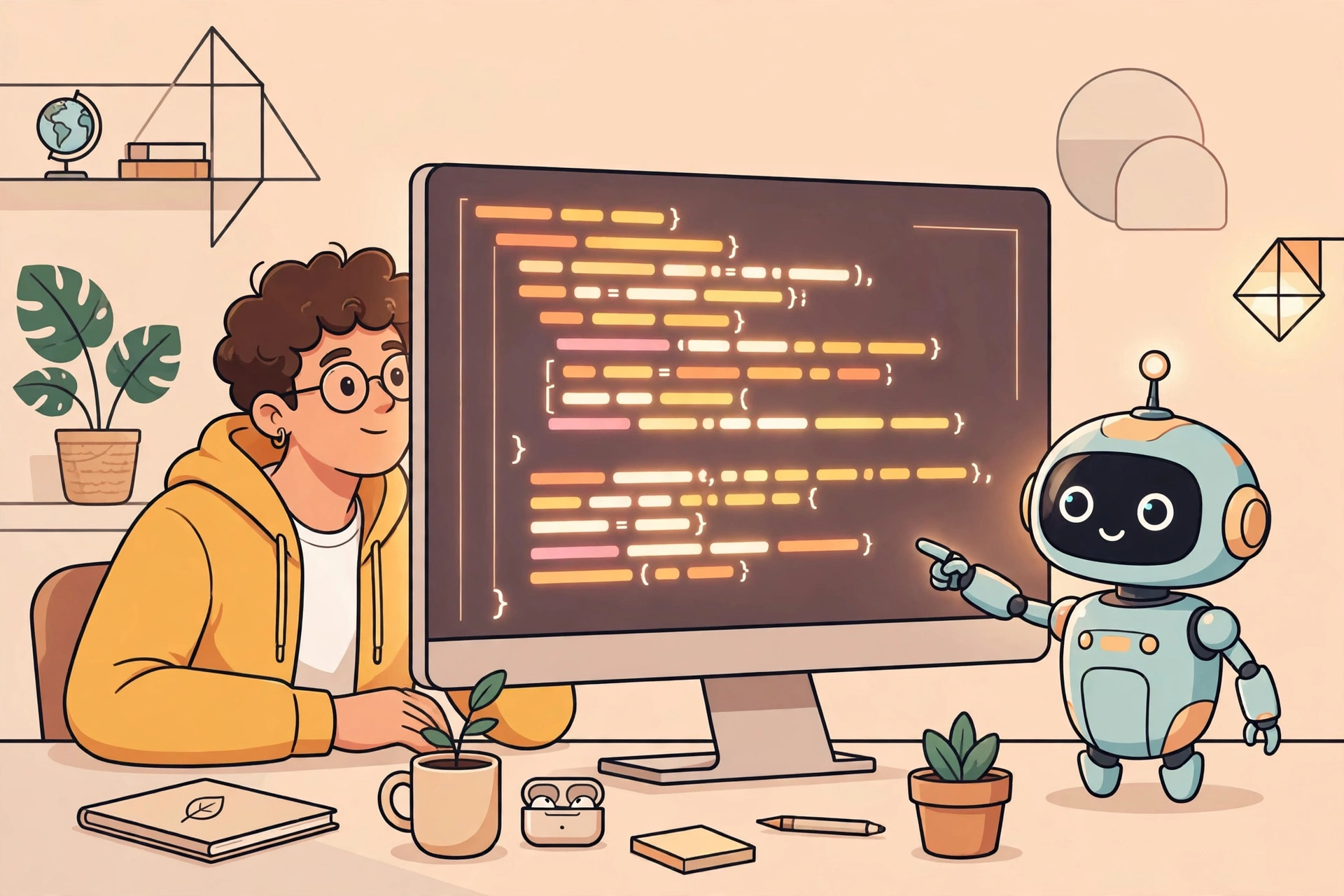 A friendly AI robot assistant helping a young developer with glowing code on a large monitor