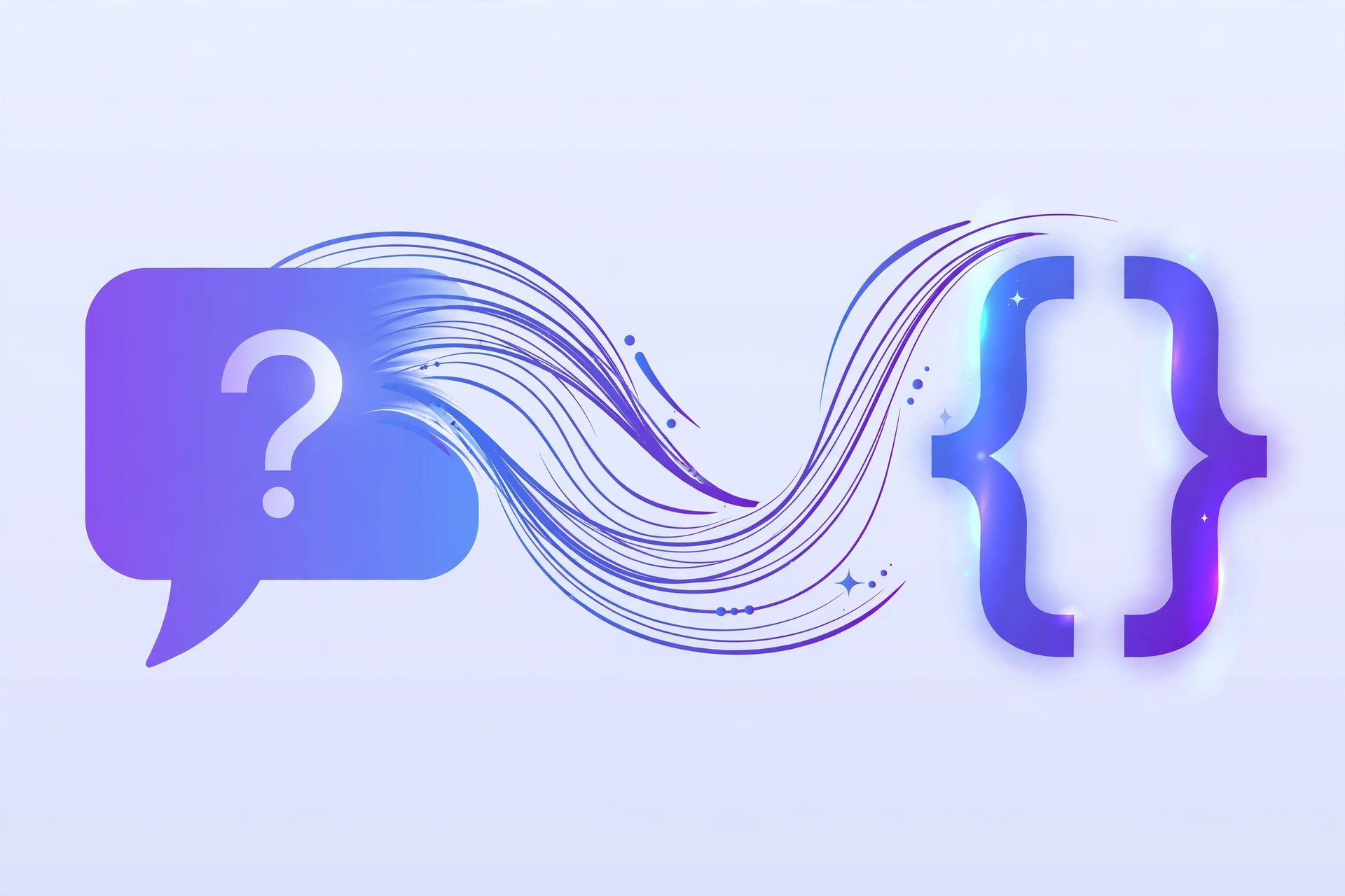 A speech bubble with a question mark transforming into a glowing code bracket, showing how a question becomes code