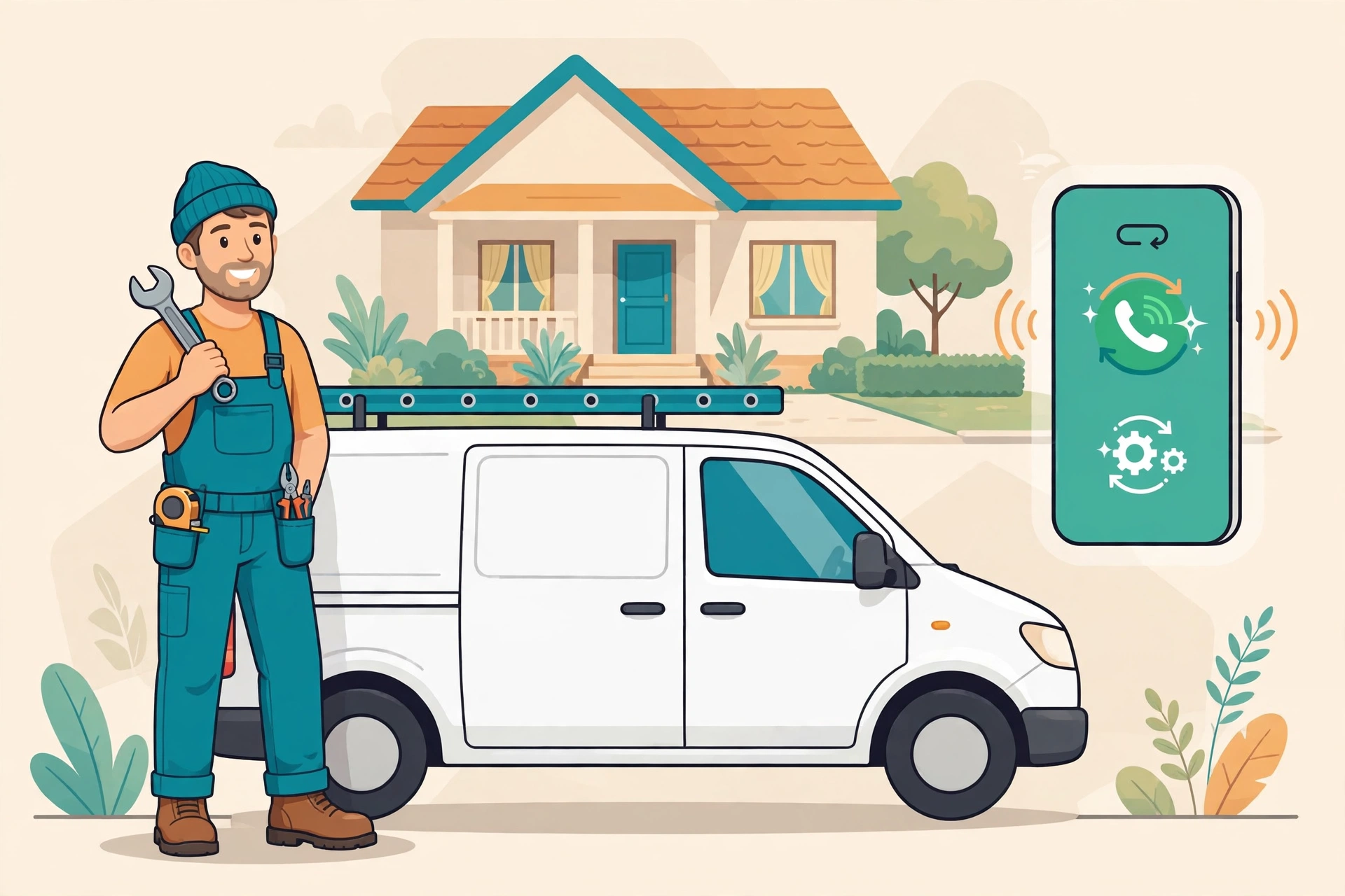 Friendly plumber with a wrench next to a service van, smartphone showing an automatically answered call