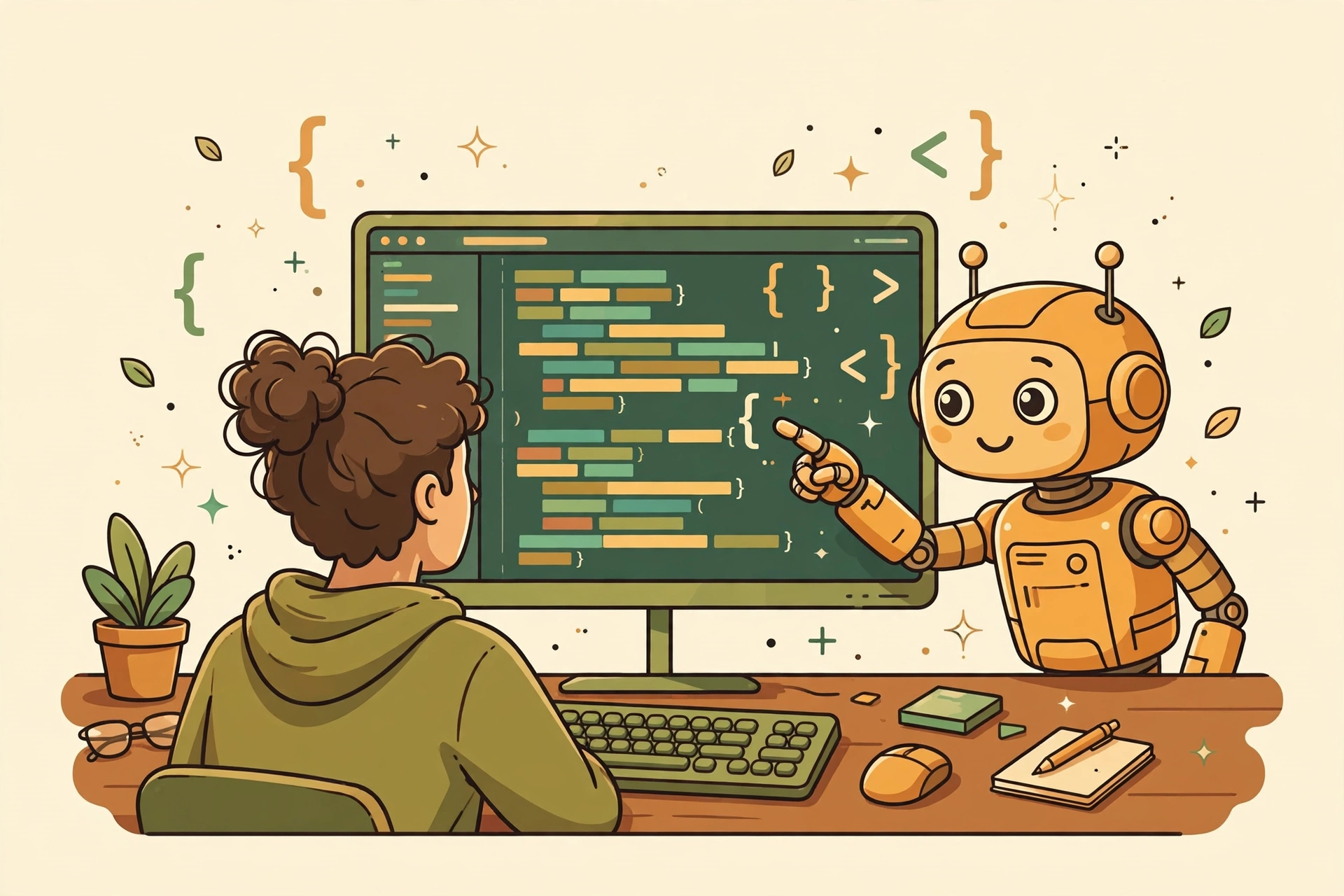 Developer at a desk with a code editor on screen and an AI pair-programming robot assistant suggesting code