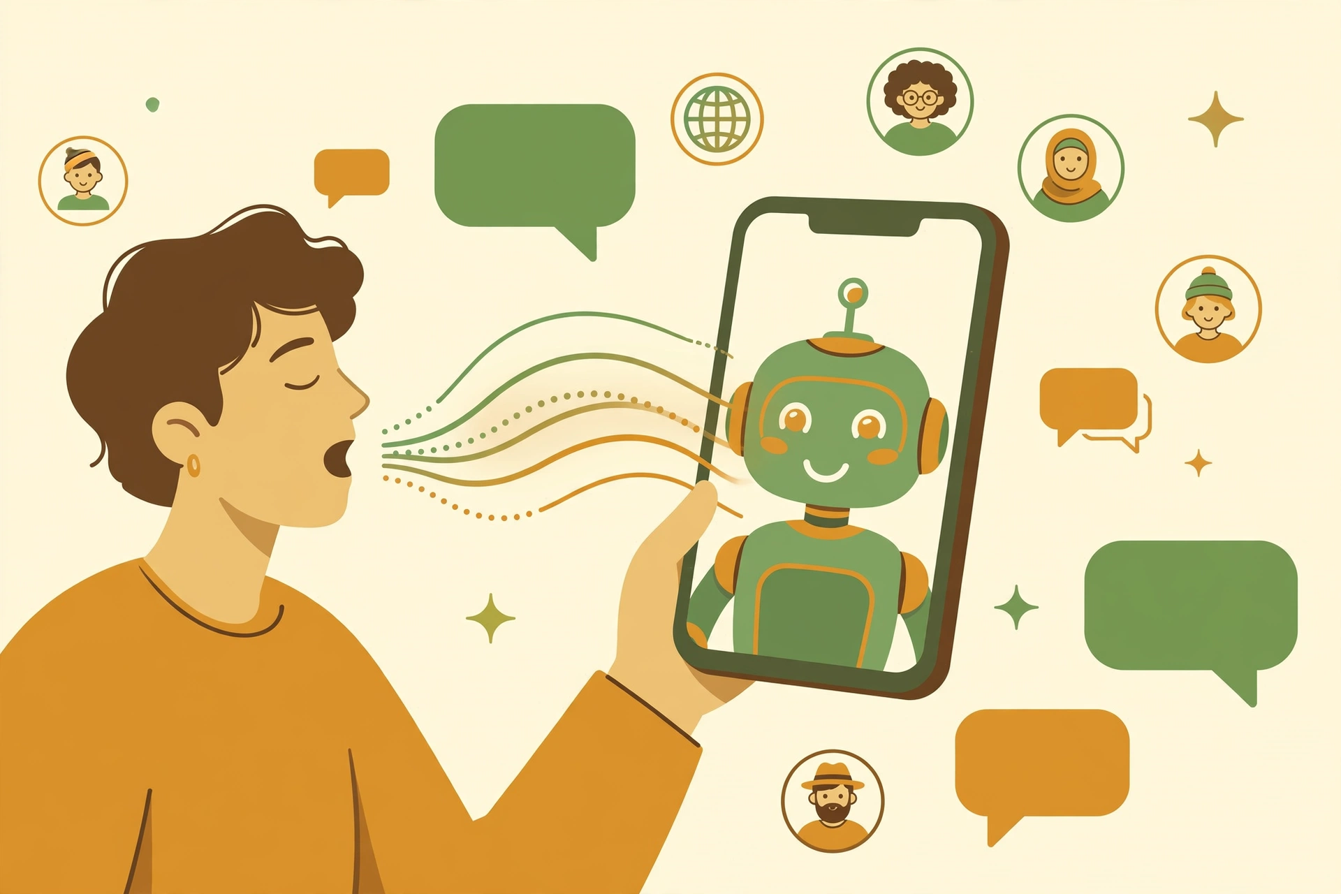 Person practicing speaking into a smartphone with sound waves traveling to a friendly AI tutor