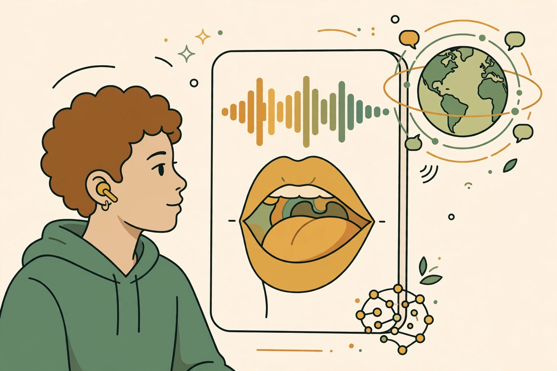 AI language tutor giving pronunciation feedback with mouth diagram and waveform graphics on a phone