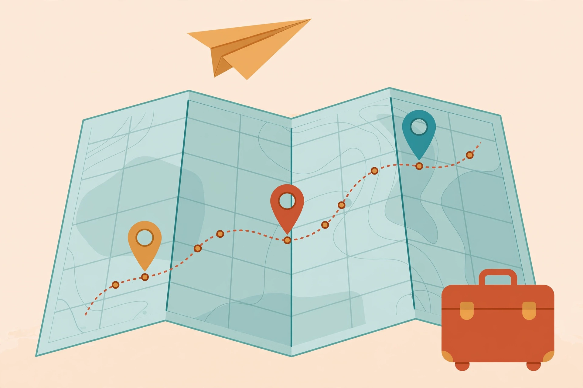 Flat vector illustration of an open travel map with a dotted route line, location pins, a paper airplane, and a suitcase