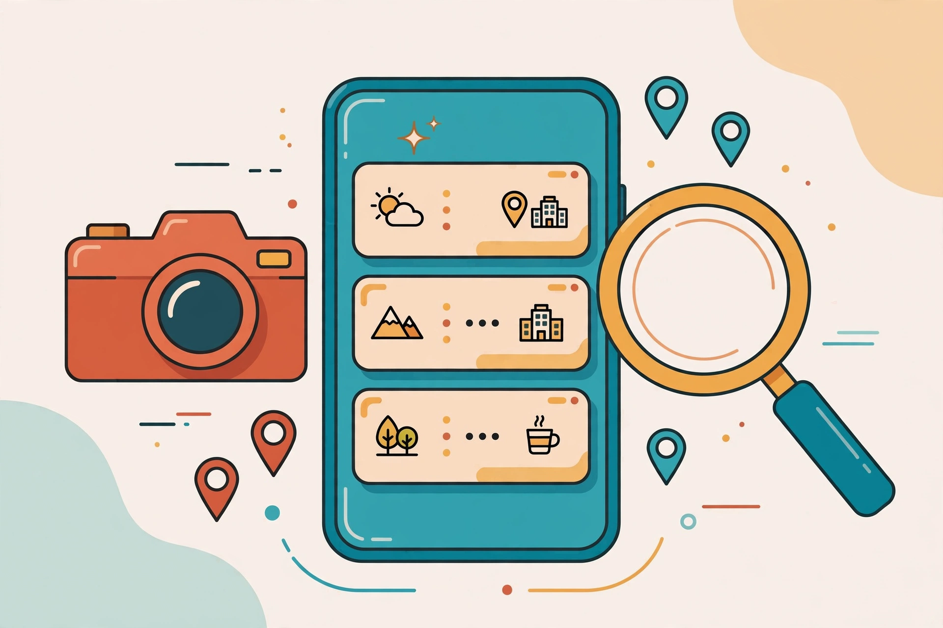 Flat vector illustration of a smartphone showing a day-by-day itinerary being checked with a magnifying glass
