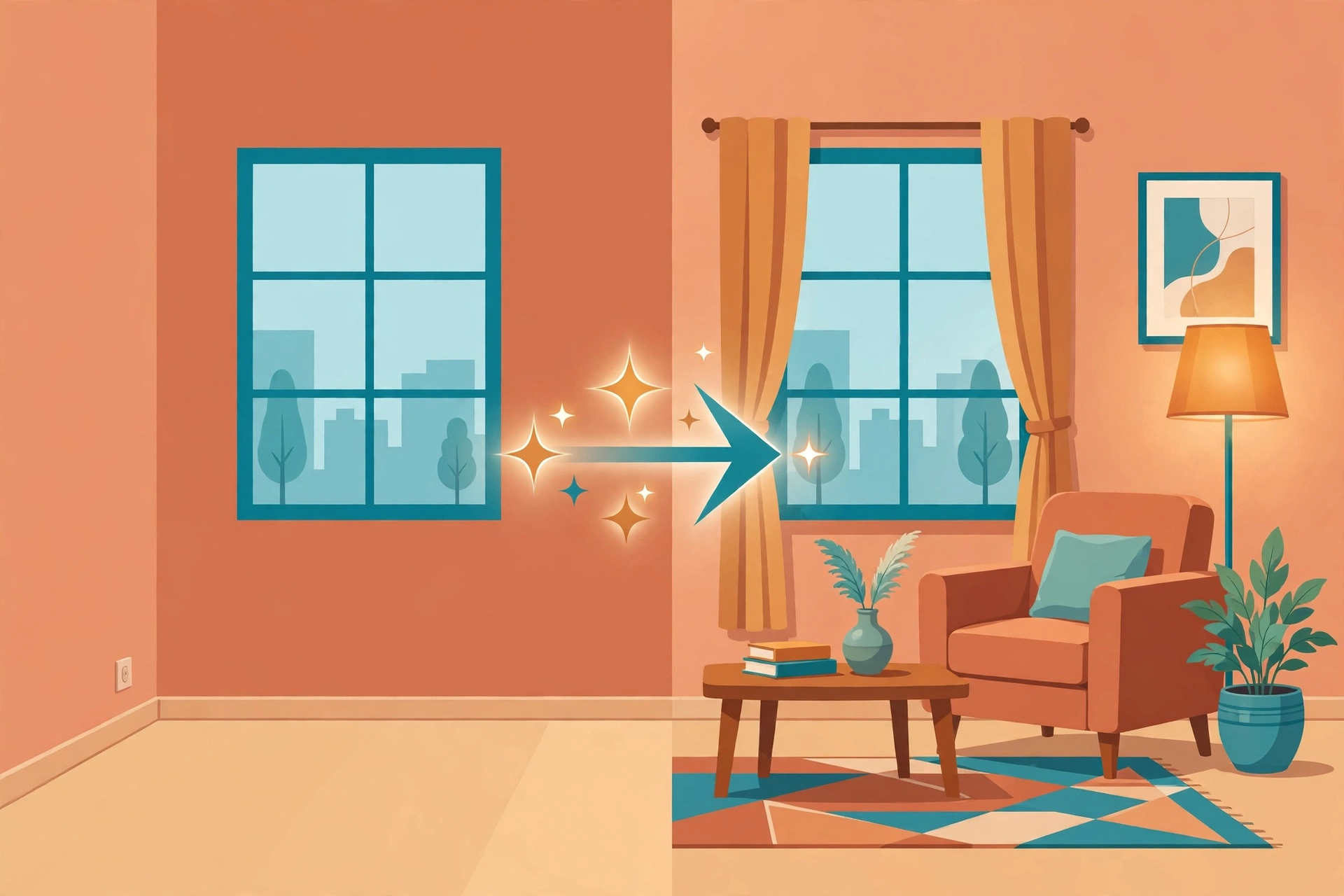 Flat vector illustration of an empty room transforming into a furnished living room