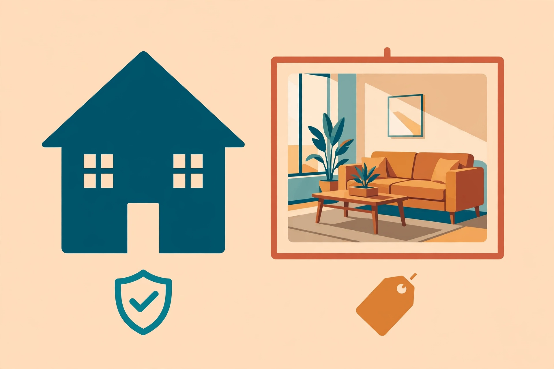 Flat vector illustration of a house with a staged listing photo, a disclosure shield badge, and a price tag