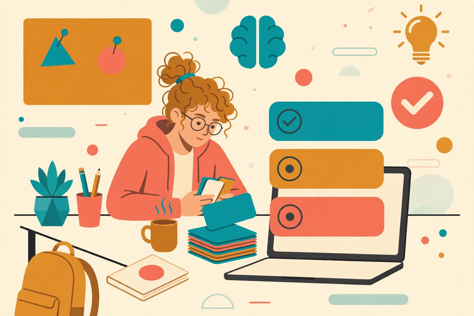 College student studying with AI-generated flashcards and quiz cards on a laptop, warm flat vector illustration