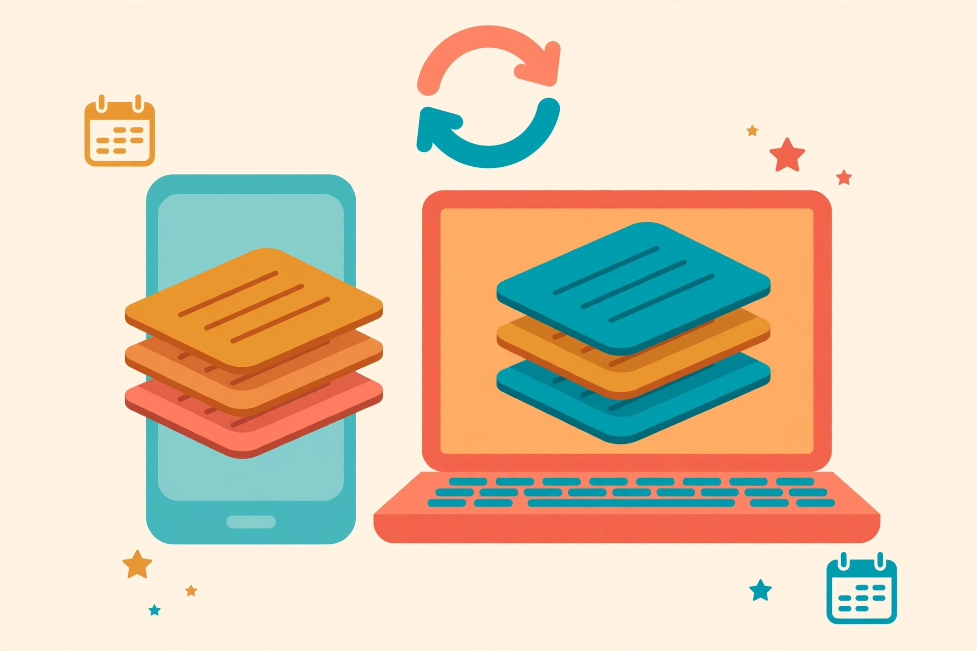 Smartphone and laptop displaying stacked flashcards with a repetition cycle arrow, flat vector illustration
