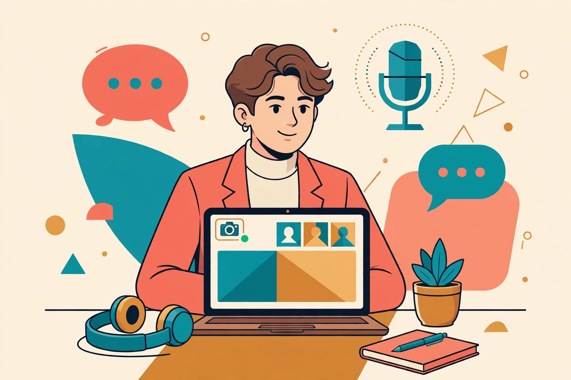 Job candidate confidently practicing on a video call with a laptop, warm flat vector illustration