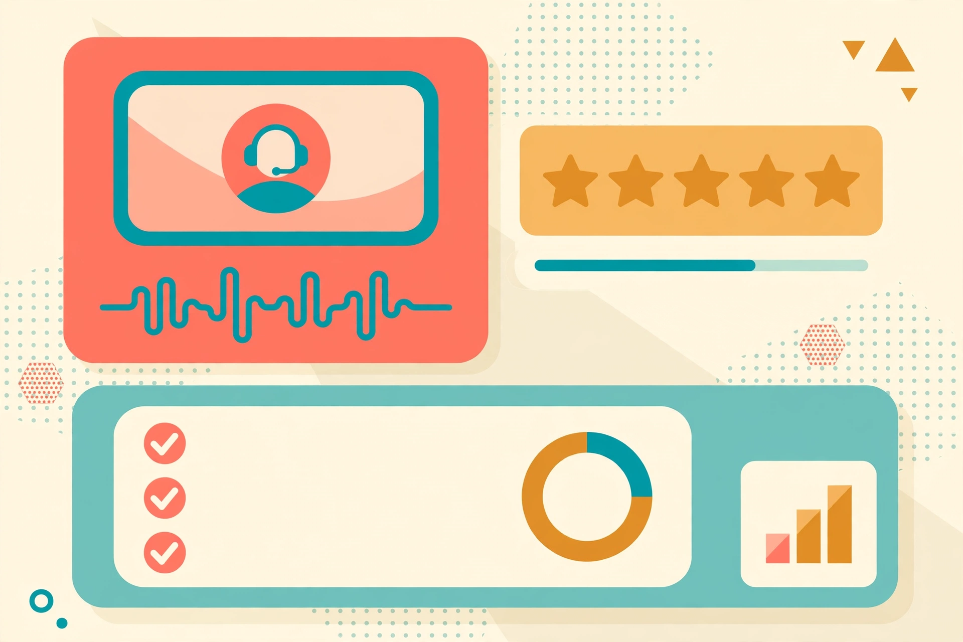 Video-call practice scorecard concept with audio waveforms and a rating row, flat vector illustration