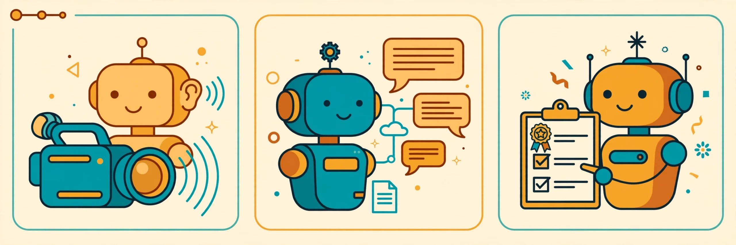 Three panels showing three AI notetaker robots processing the same conversation: video listening, transcription bubbles, and an action-item checklist with a medal