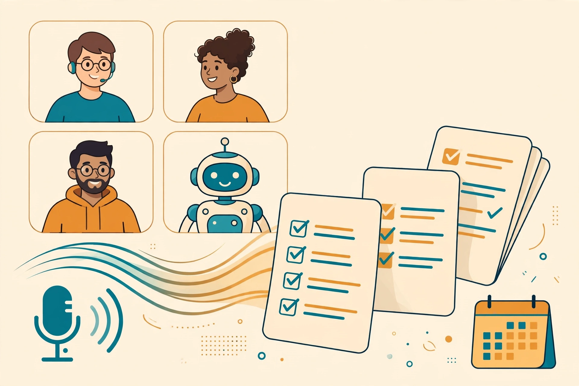Flat vector illustration of an AI notetaker bot joining a video call with sound waves turning into meeting notes with bullet lists and checkmarks