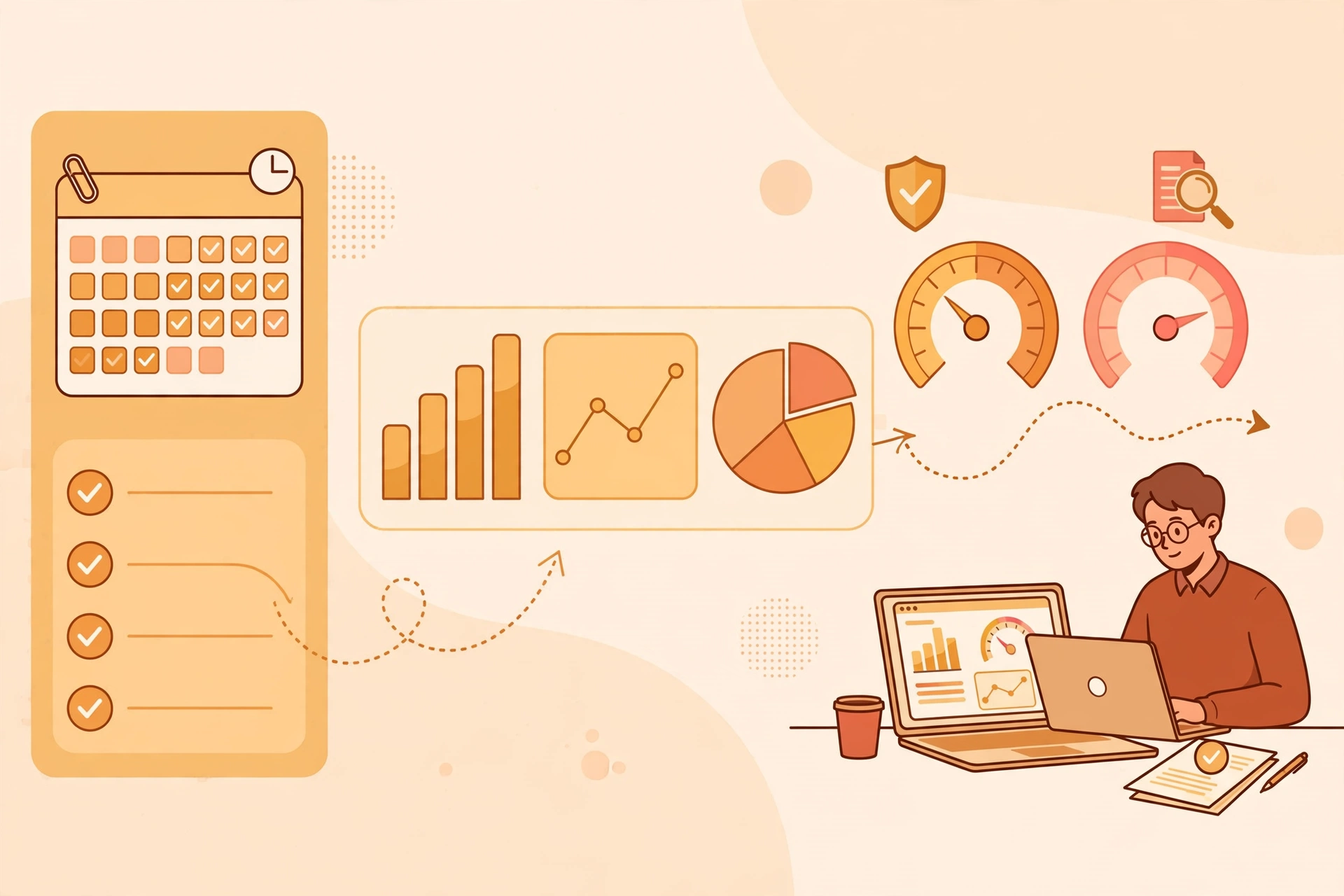 Month-end close automation workflow with calendar checklist flowing into reconciliation charts and audit risk gauges