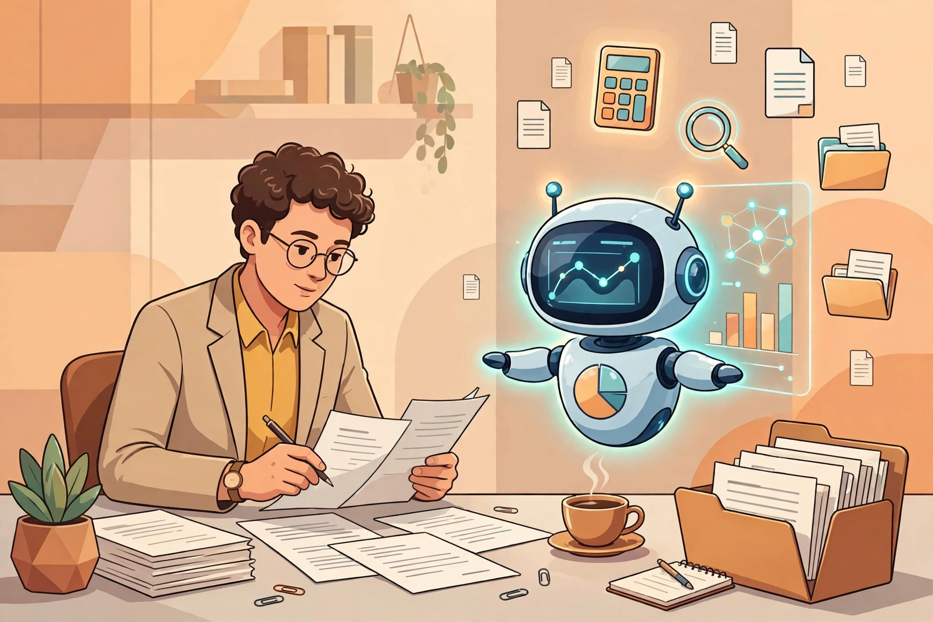 CPA accountant reviewing tax documents at a desk while an AI assistant presents citation-backed tax research on a glowing dashboard