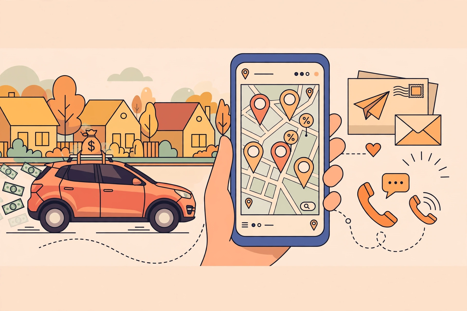 Car driving for dollars past suburban houses, smartphone app tagging properties with deal-score pins on a map