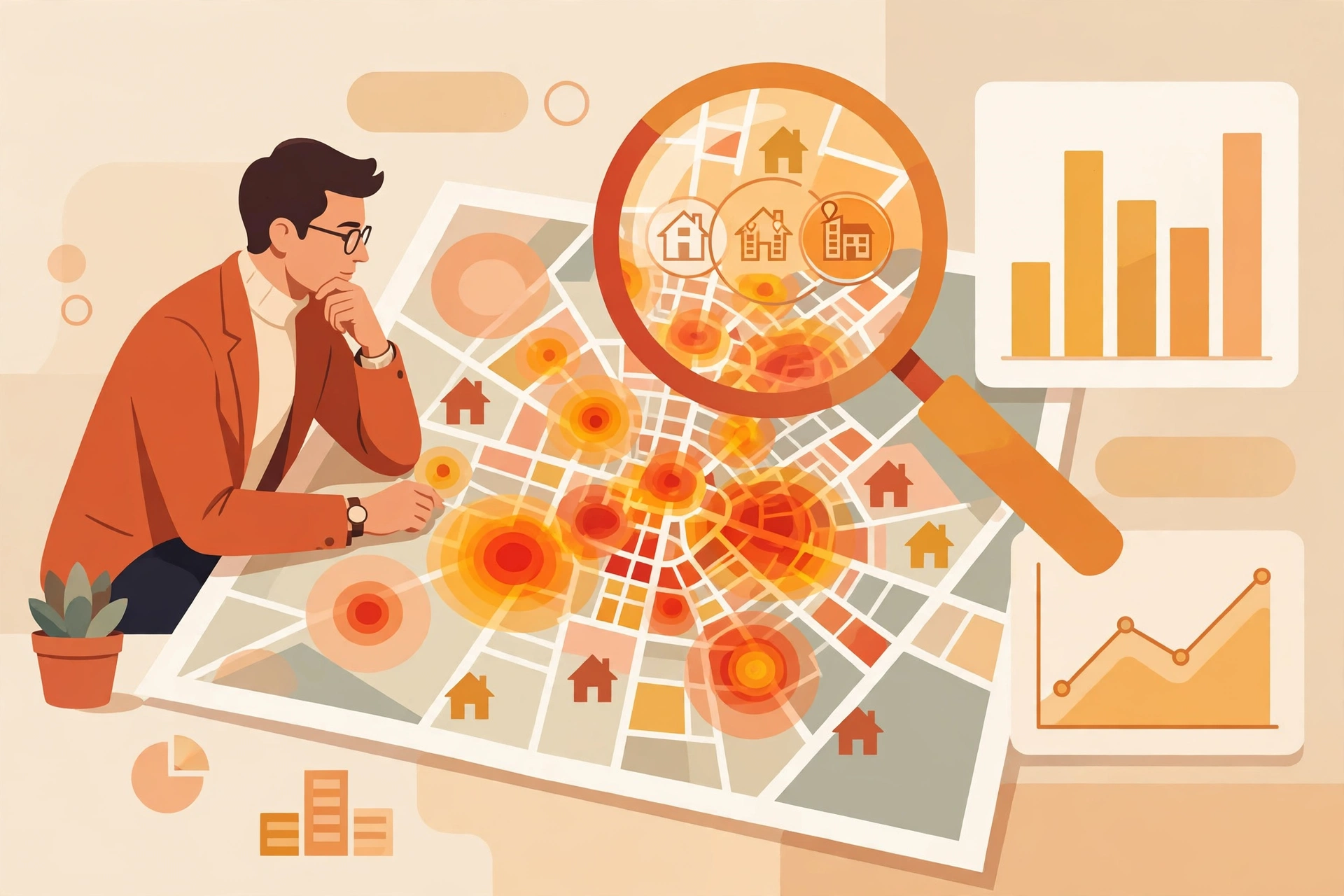 Real estate investor studying a large map with warm opportunity heat zones, house icons, cash flow charts and a magnifying glass over property comps