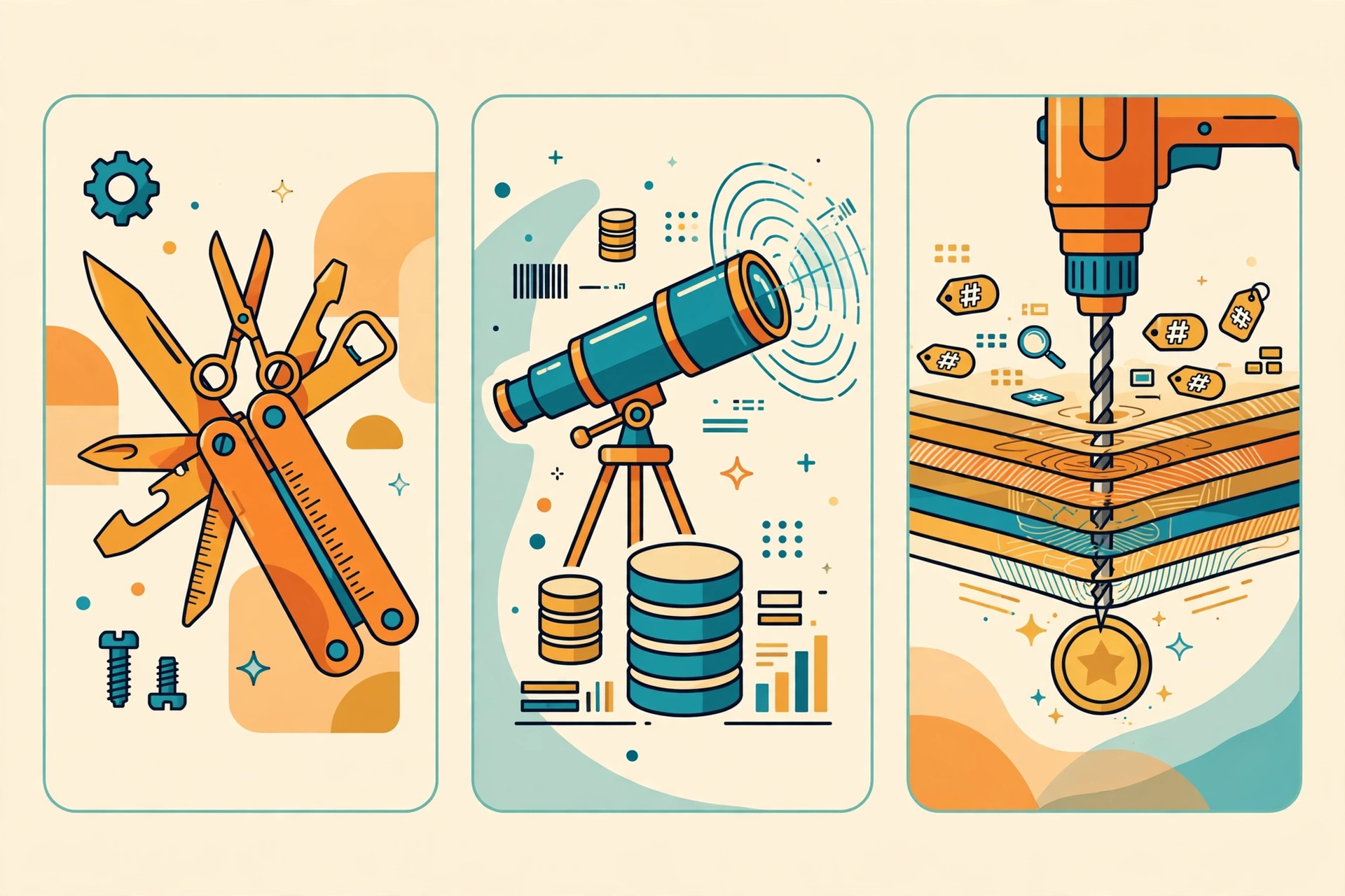 Flat vector illustration of three side-by-side panels: a multi-tool, a telescope scanner, and a drill going deep into keyword data toward a gold coin
