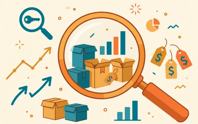 Flat vector illustration of ecommerce product research: a magnifying glass over product boxes, bar charts, keyword search icons, rising trend arrows and price tags