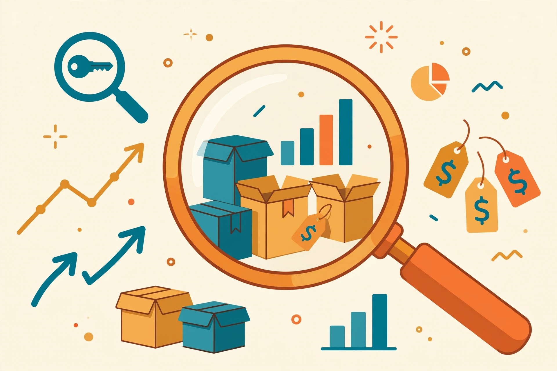 Flat vector illustration of ecommerce product research: a magnifying glass over product boxes, bar charts, keyword search icons, rising trend arrows and price tags