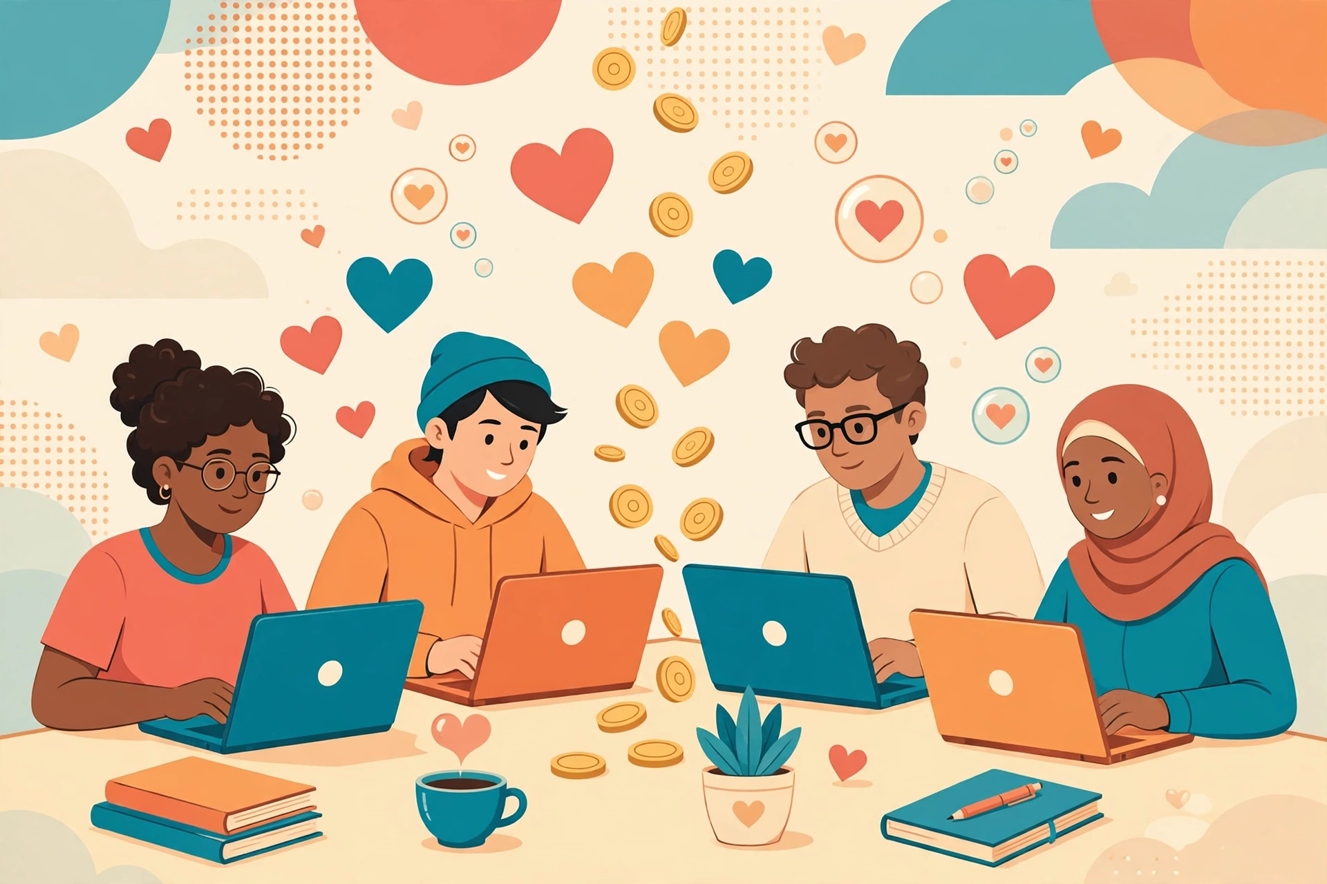 Small nonprofit team using laptops with heart and donation motifs