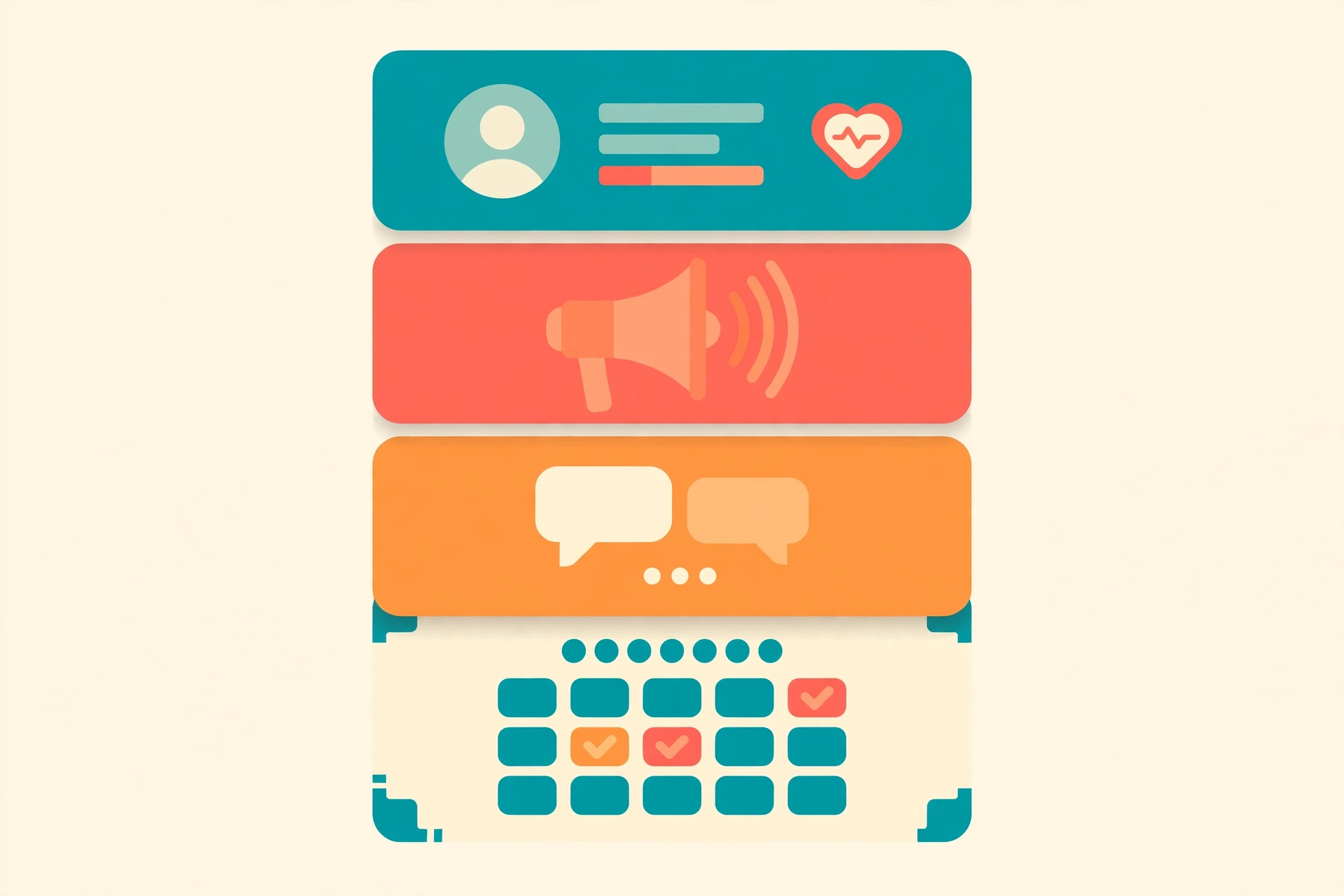 Flat vector stack of nonprofit software: CRM dashboard, fundraising megaphone, chatbot window, volunteer calendar