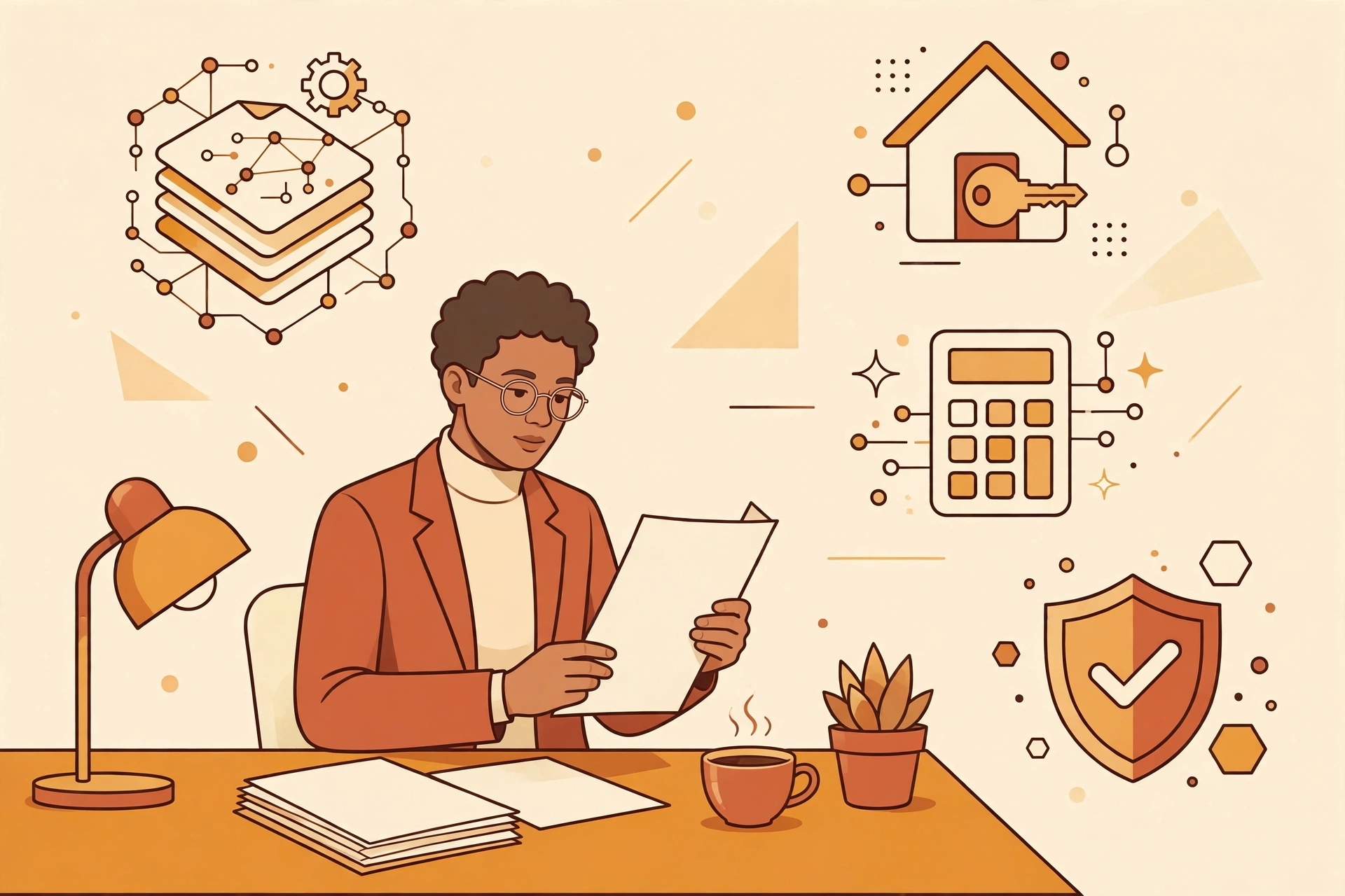 Flat vector illustration of a mortgage broker reviewing a loan file with AI automation icons floating around