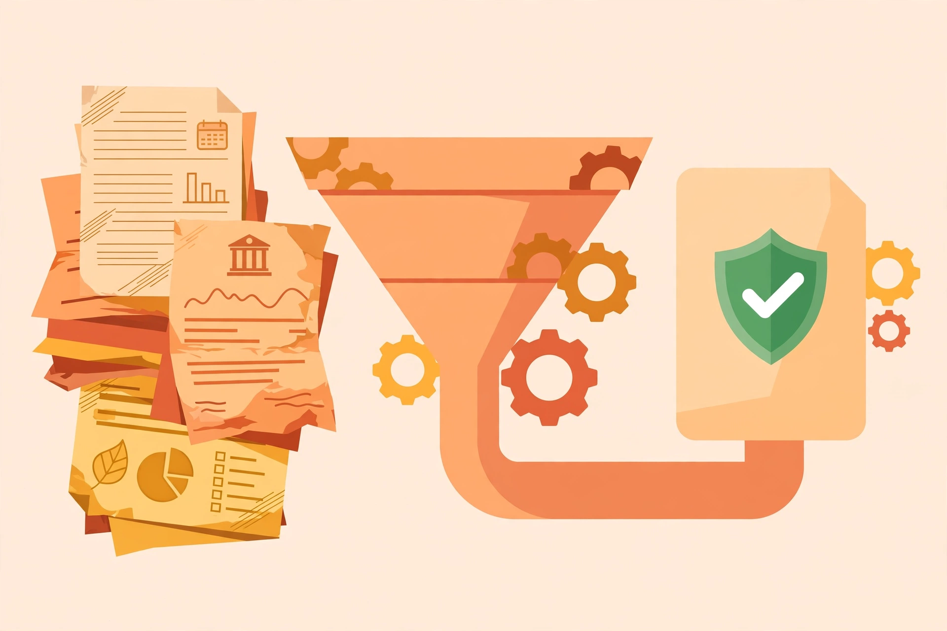 Flat vector illustration showing a funnel that converts messy mortgage documents into a clean approved loan file