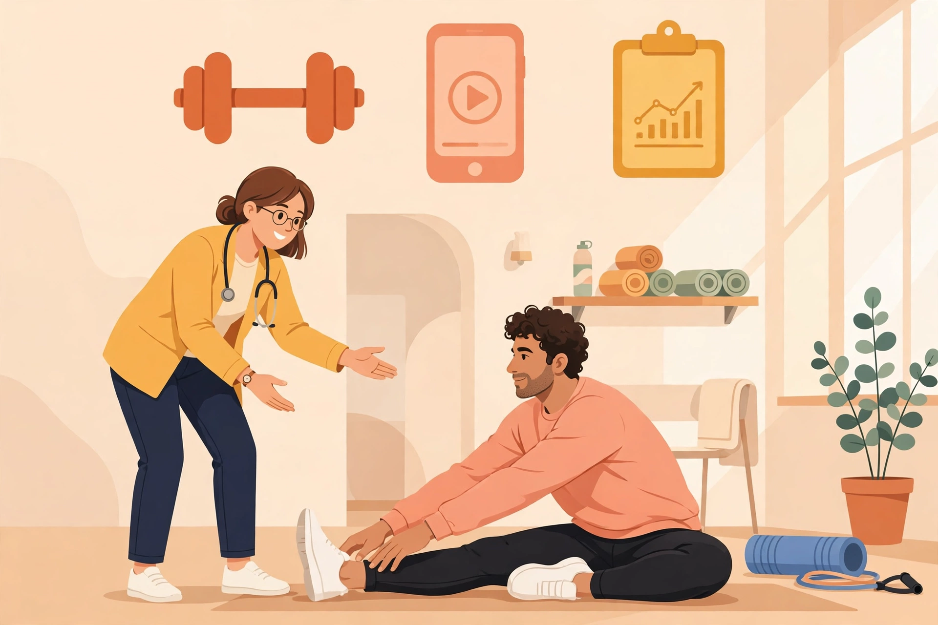 Flat vector illustration of a physical therapist guiding a patient through a stretching exercise in a bright clinic