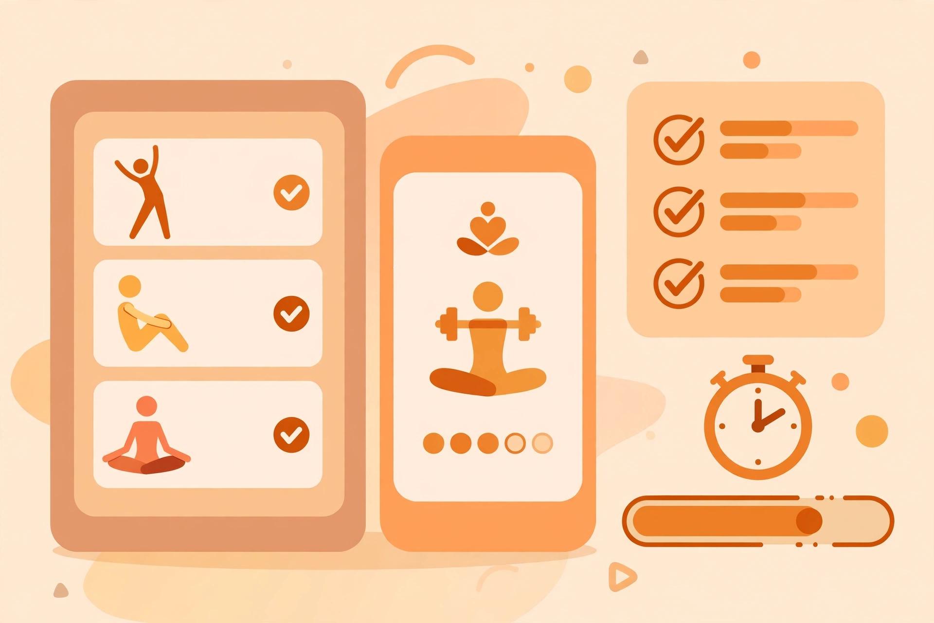 Flat vector illustration of a smartphone with home exercise program screens beside a checklist and progress bar