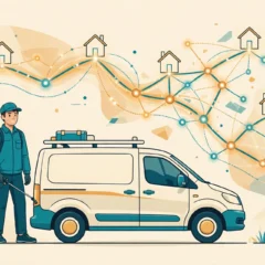 Flat vector illustration of a pest control technician beside a service van with an AI-optimized route map connecting neighborhood houses