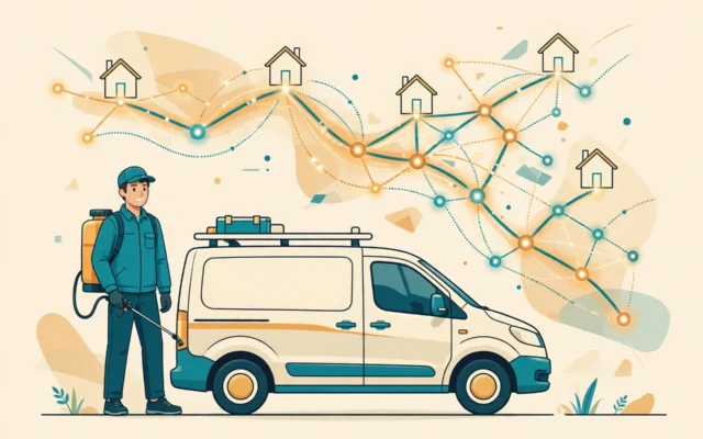 Flat vector illustration of a pest control technician beside a service van with an AI-optimized route map connecting neighborhood houses
