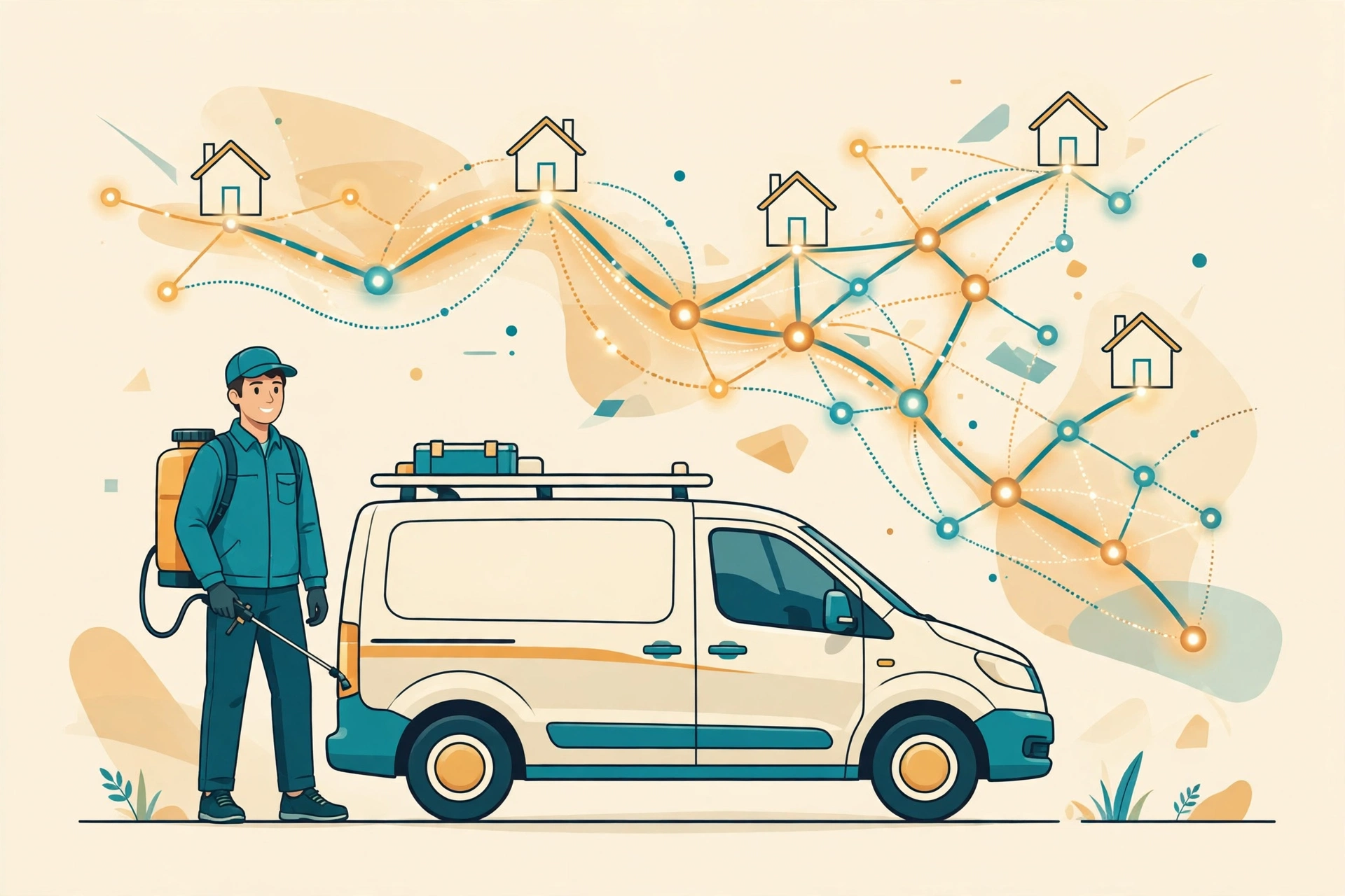 Flat vector illustration of a pest control technician beside a service van with an AI-optimized route map connecting neighborhood houses