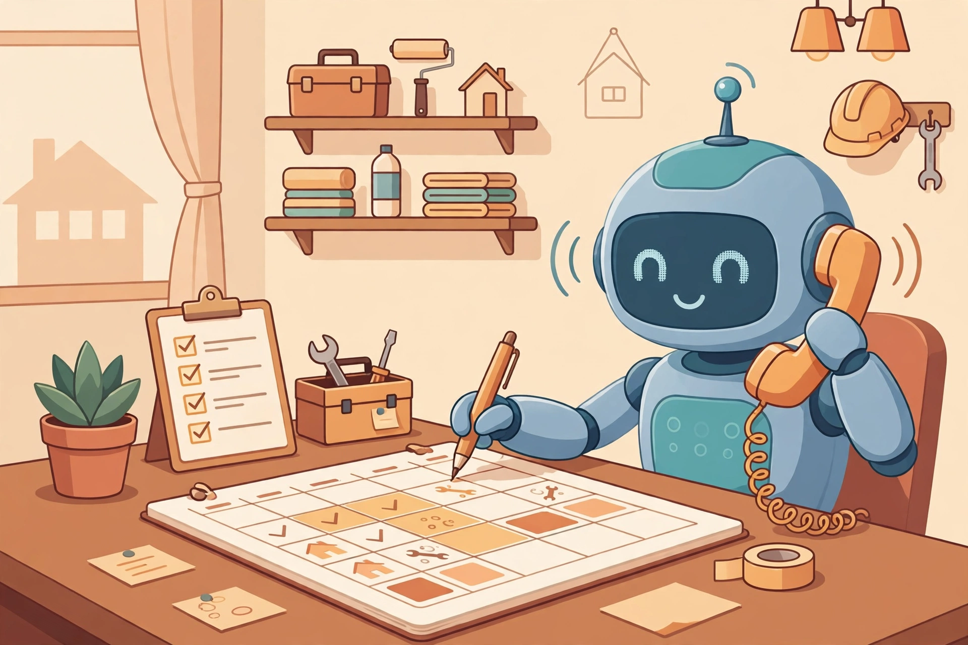 Flat vector illustration of an AI assistant robot answering a ringing phone while scheduling appointments on a calendar in a home services office