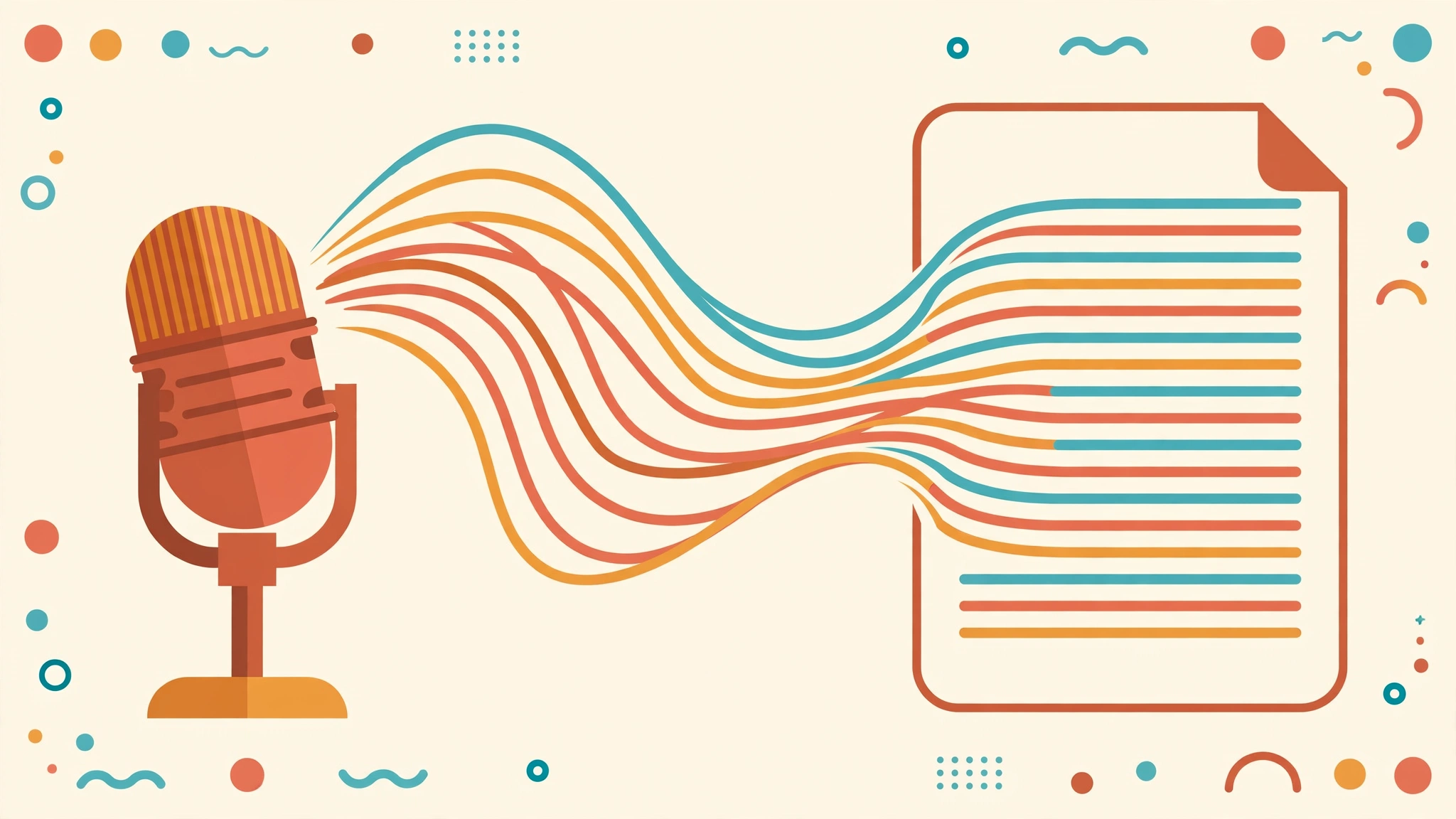 Flat vector illustration of a microphone with sound waves turning into lines of text