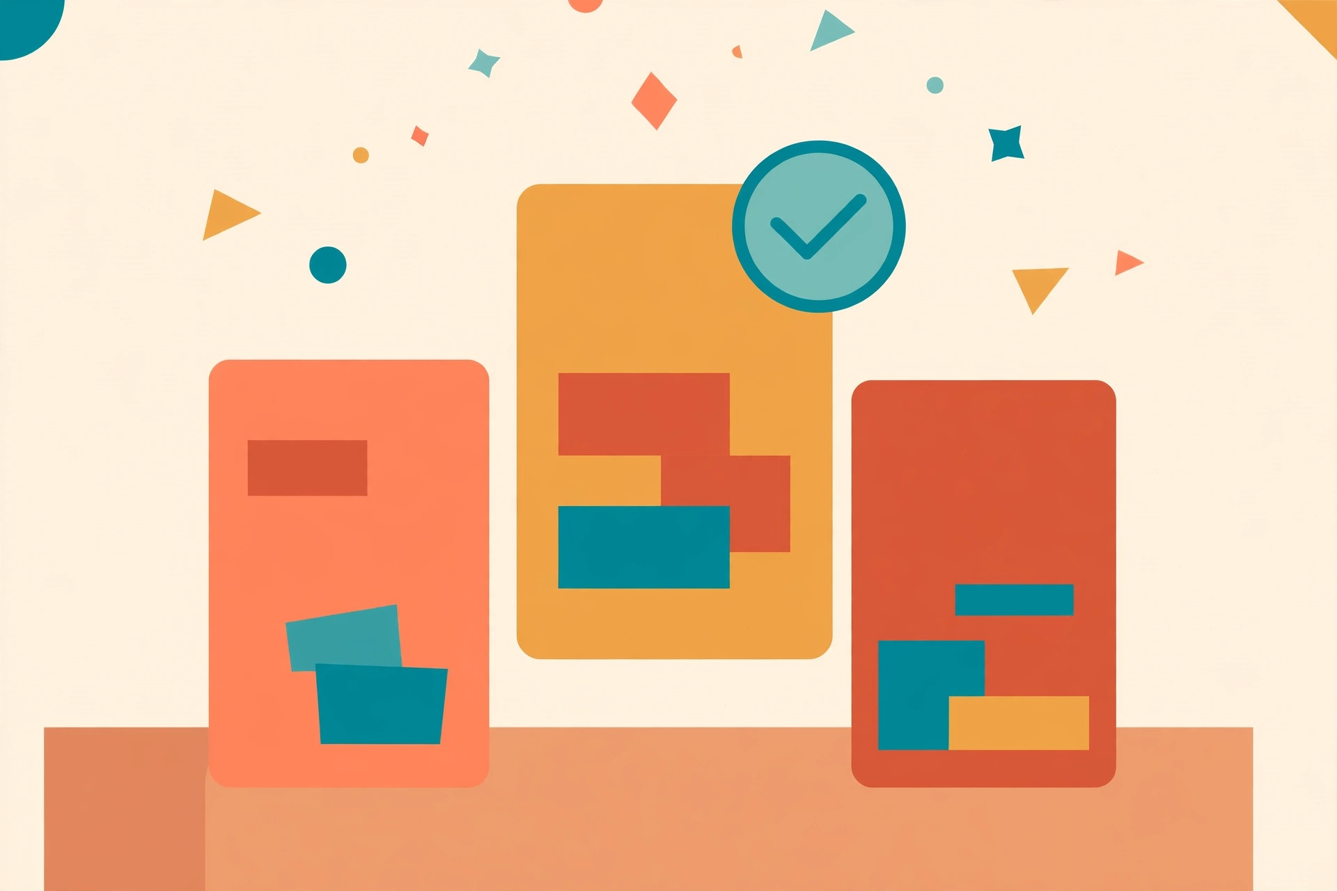Flat vector illustration of three app cards on a desk, one marked with a checkmark