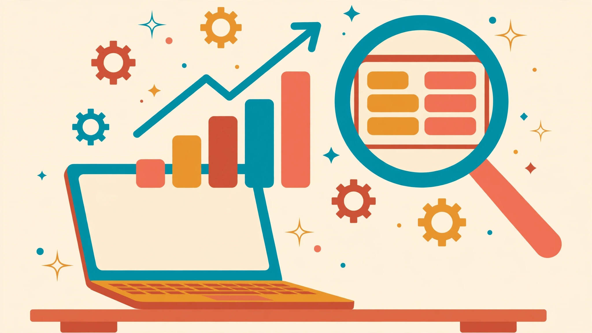 Flat vector illustration of a laptop showing a webpage with a rising bar chart and magnifying glass