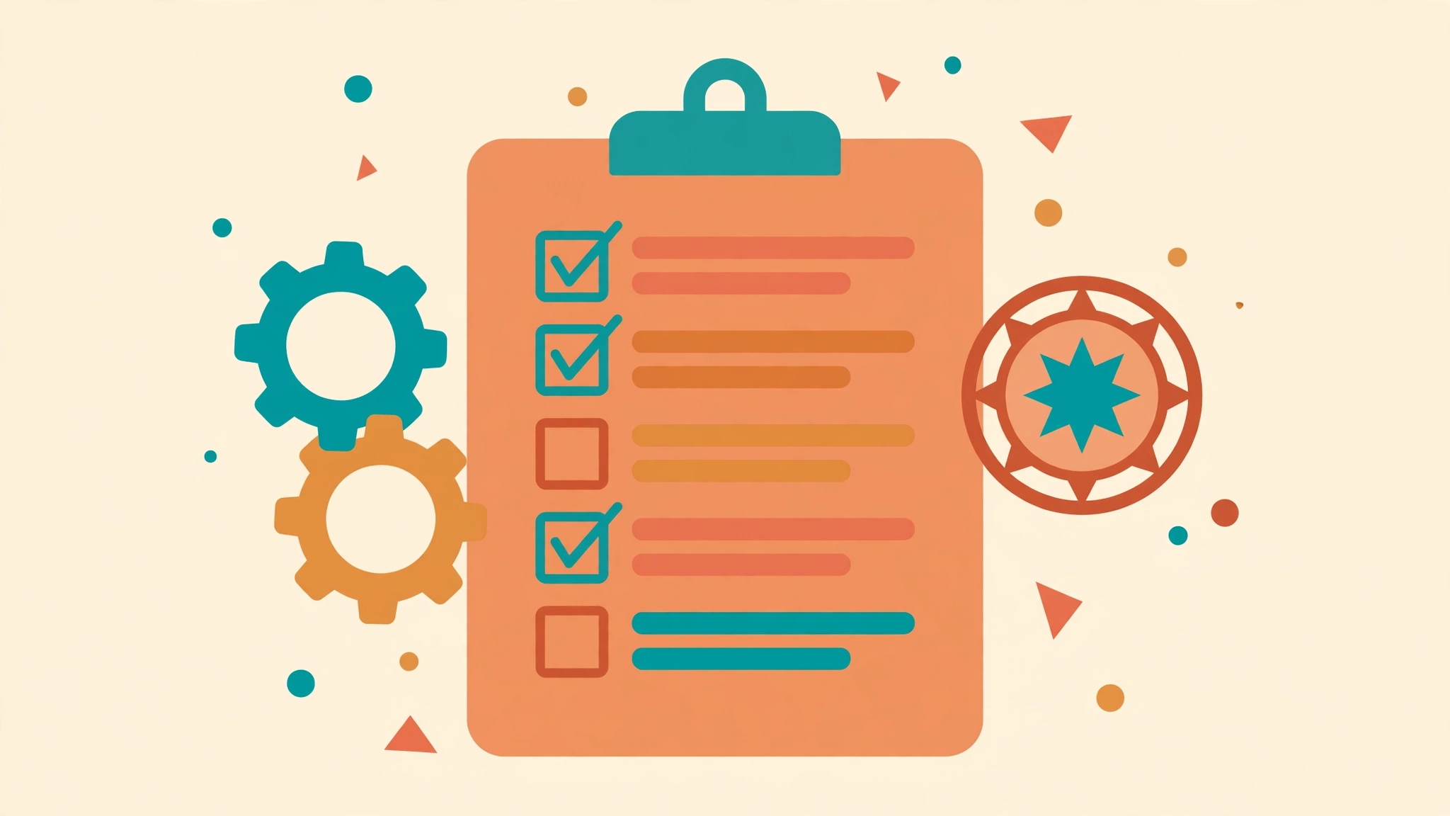 Flat vector illustration of a clipboard checklist with gears and a star badge