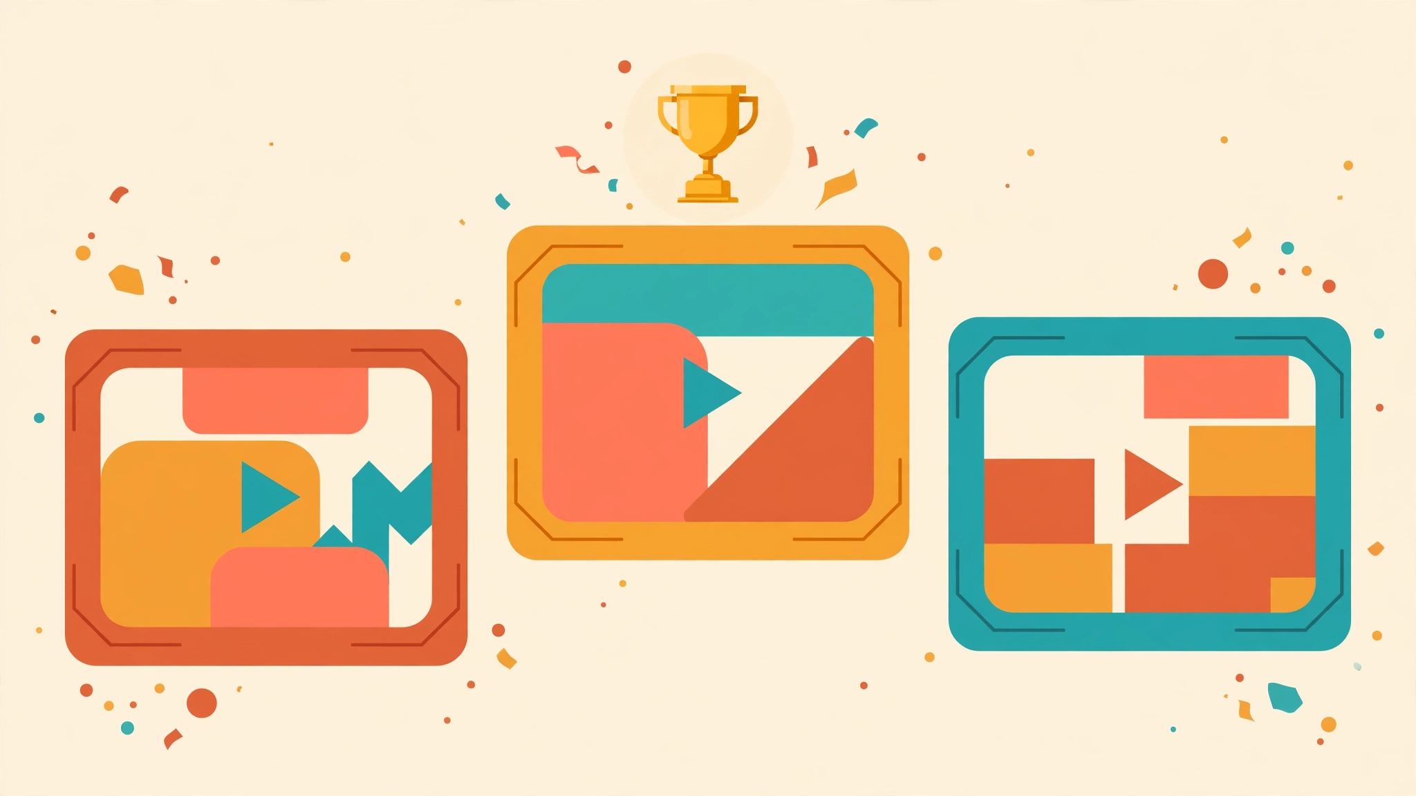 Flat vector illustration of three video frames side by side with a small trophy