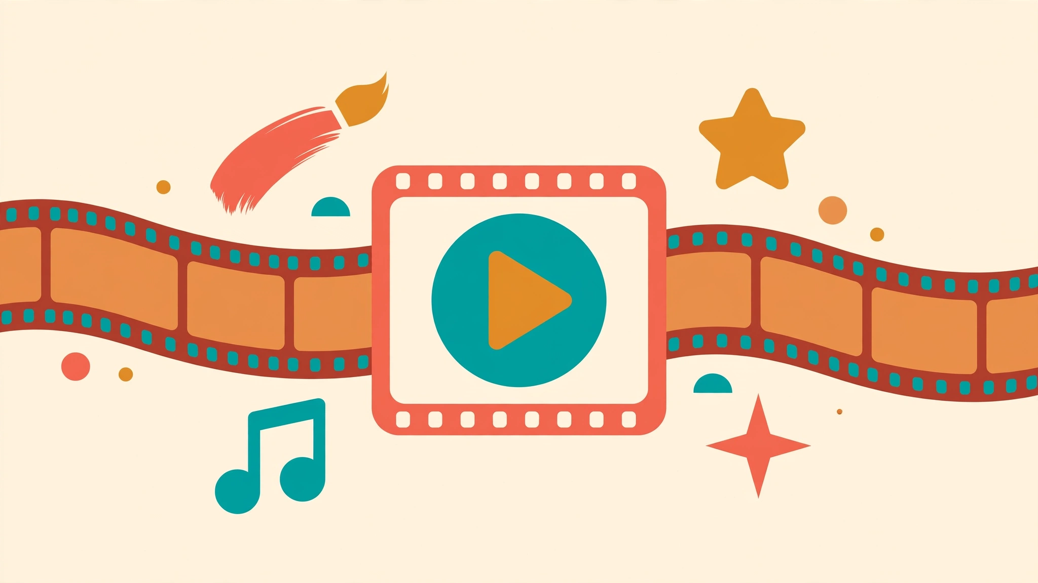 Flat vector illustration of a play button inside a film strip with floating creative shapes