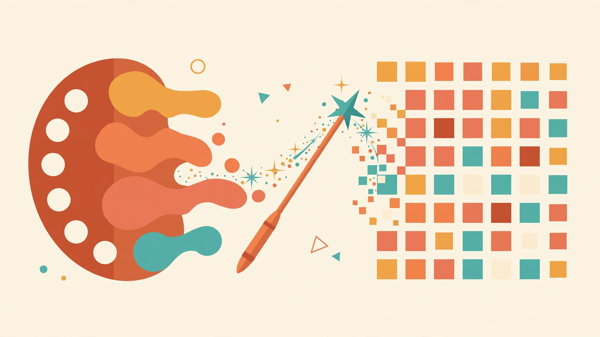 Flat vector illustration of a painter's palette morphing into digital pixels and sparkles