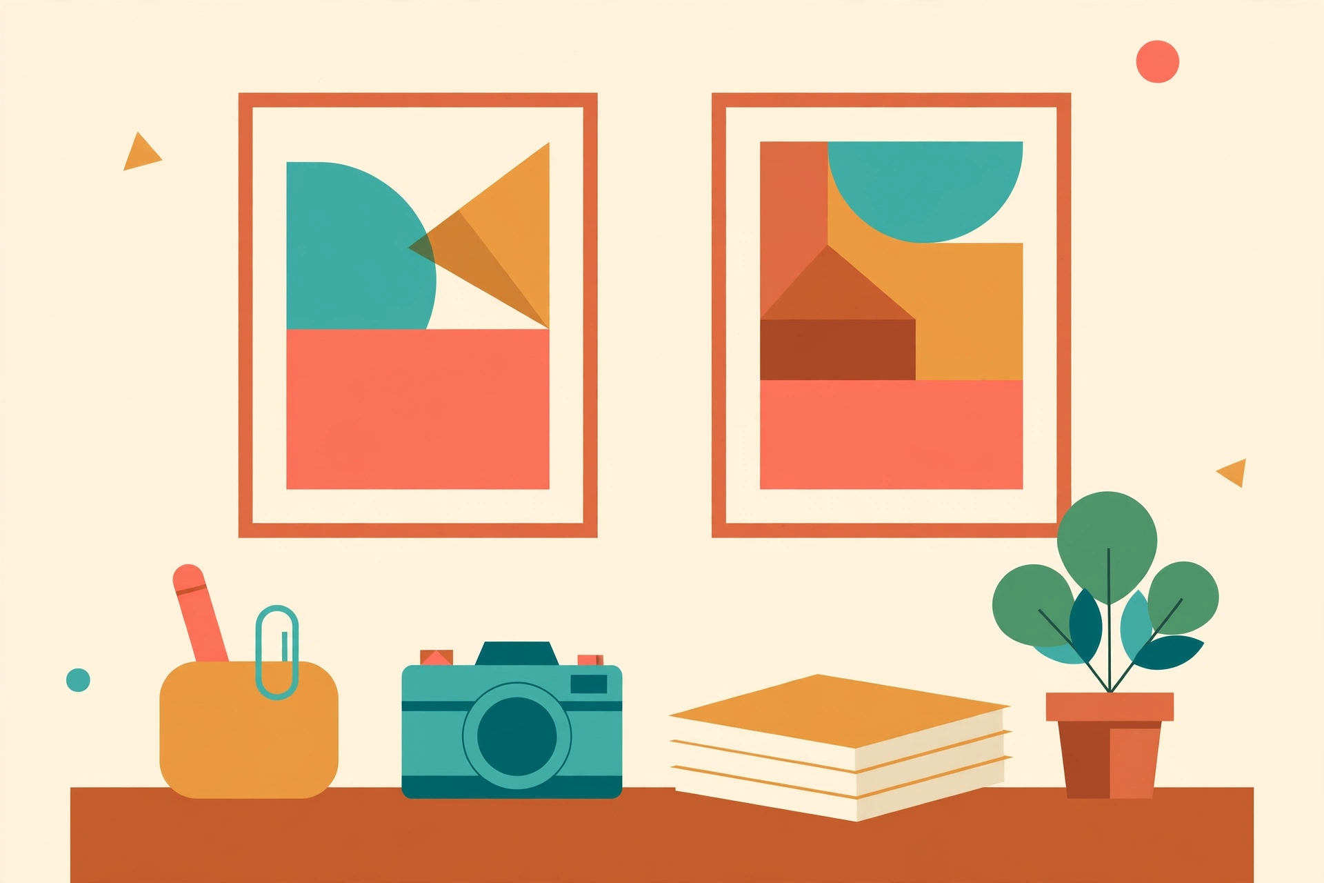 Flat vector illustration of a marketer's desk with framed ad mockups and a camera