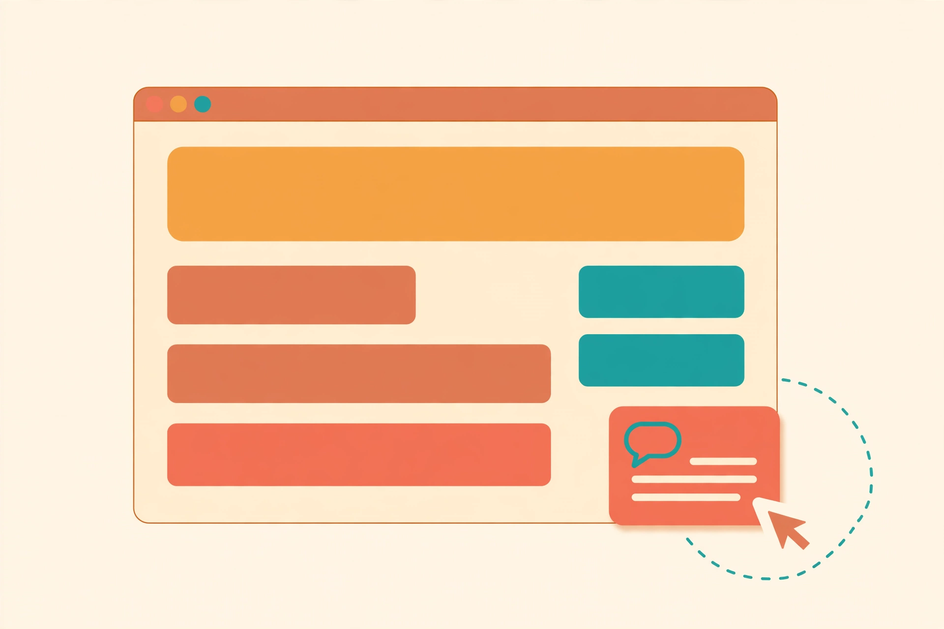 Flat vector illustration of a browser window with a chat widget popping up