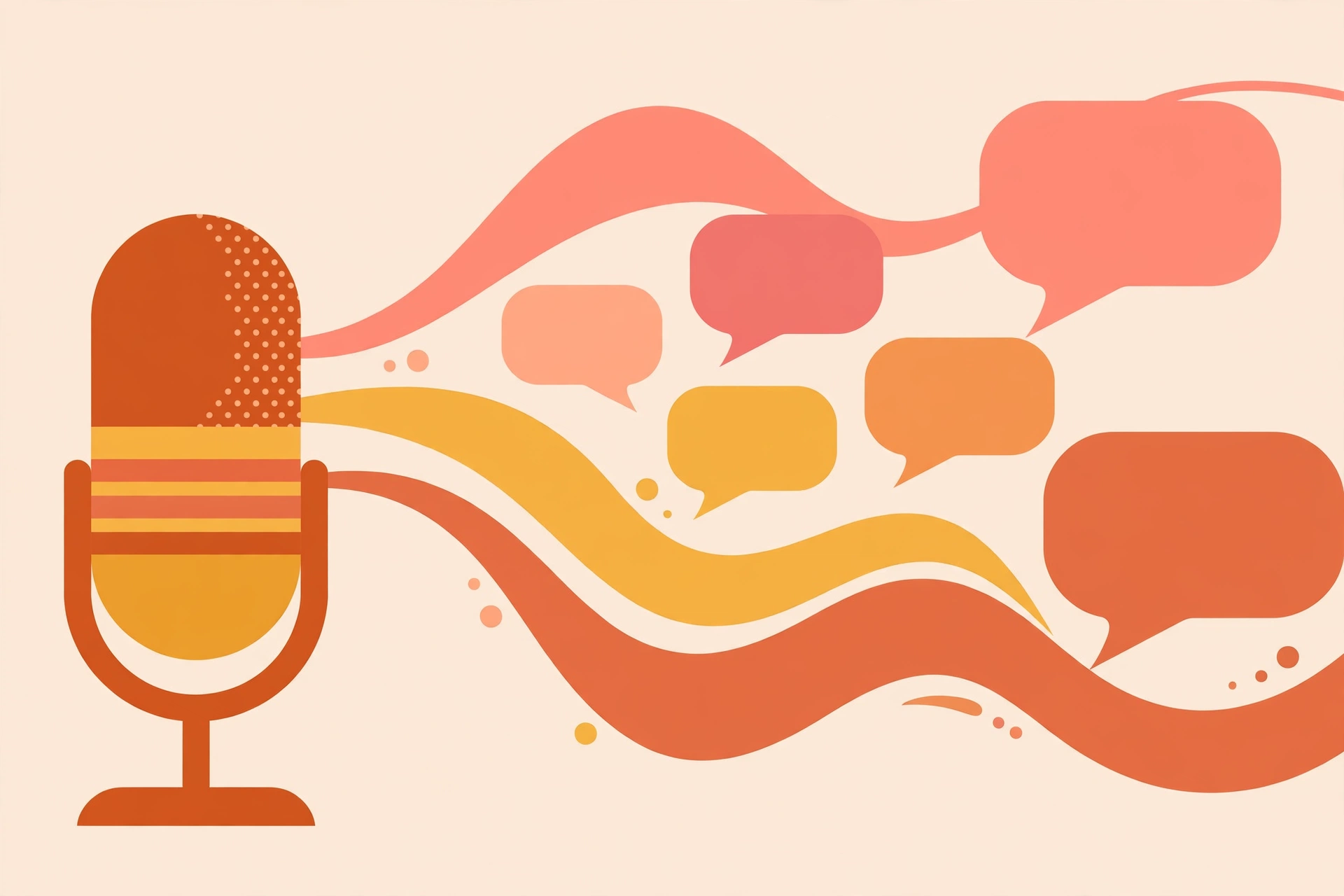 Vintage microphone with colorful sound waves turning into speech bubbles, flat vector illustration