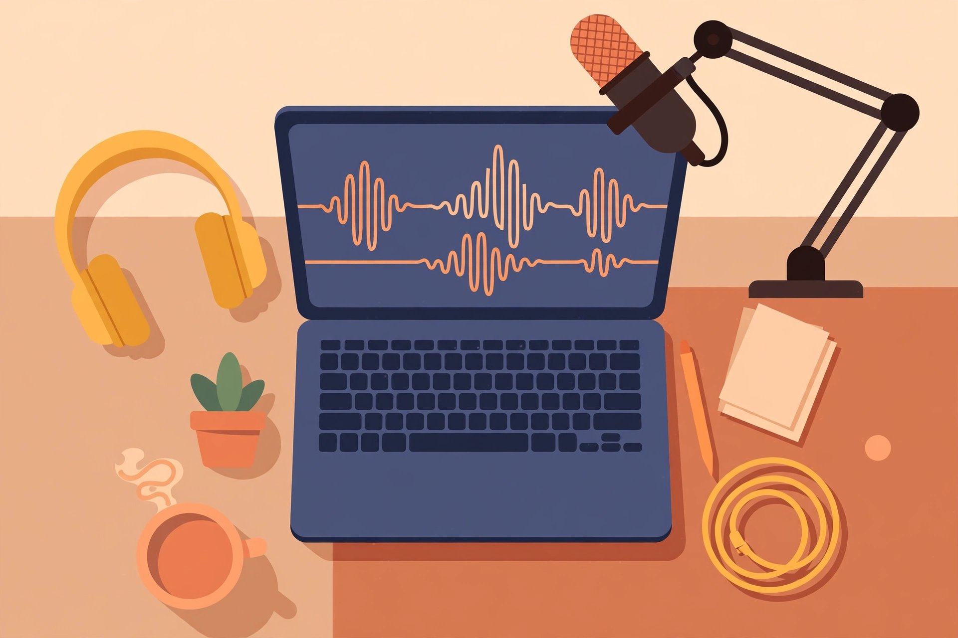 Content creator desk with microphone, laptop showing audio waveforms, and headphones, flat vector illustration