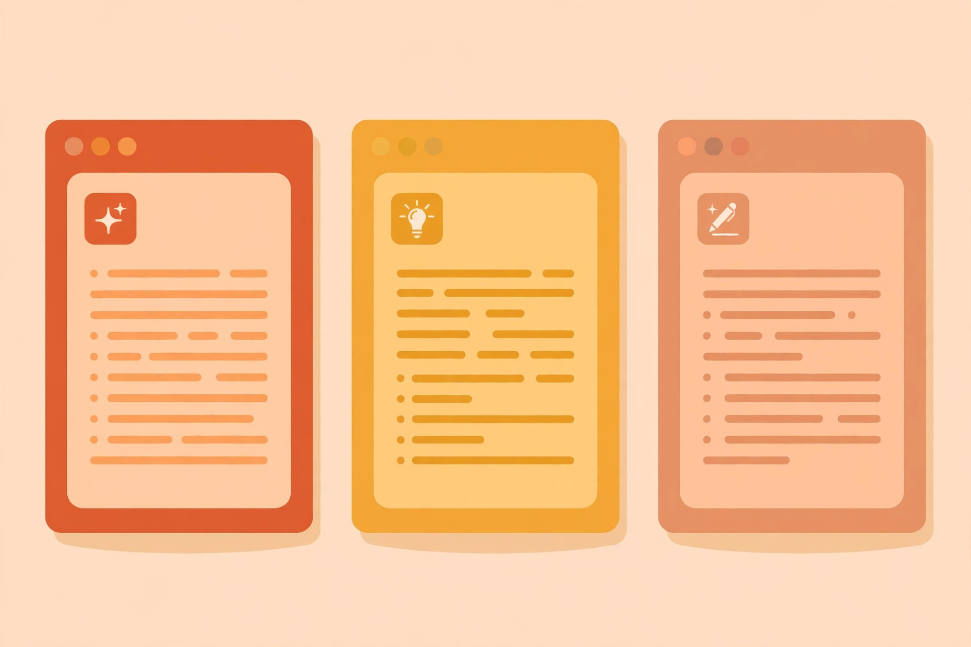 Three AI writing app windows with document drafts side by side