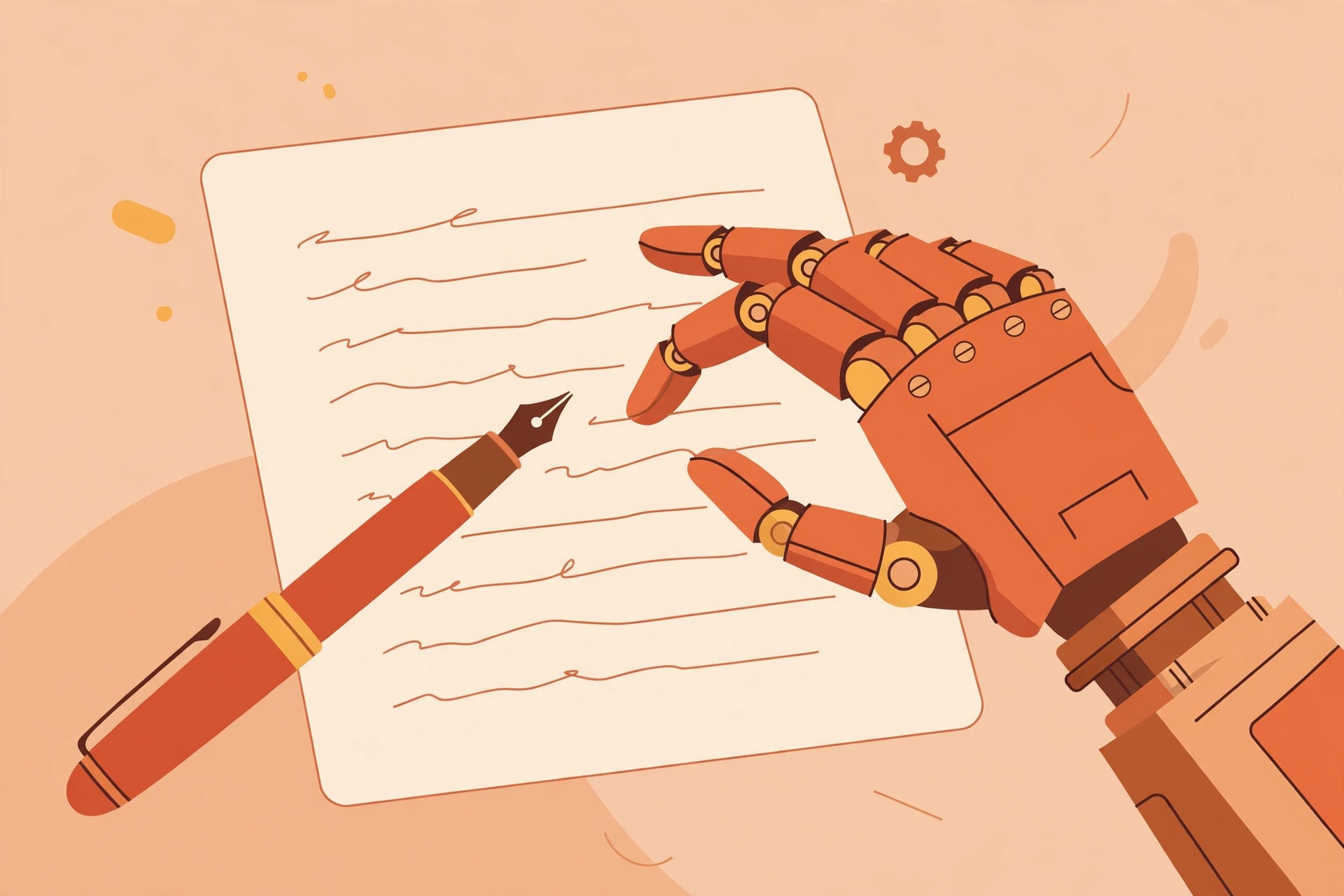 A robot hand and a fountain pen writing on a document together