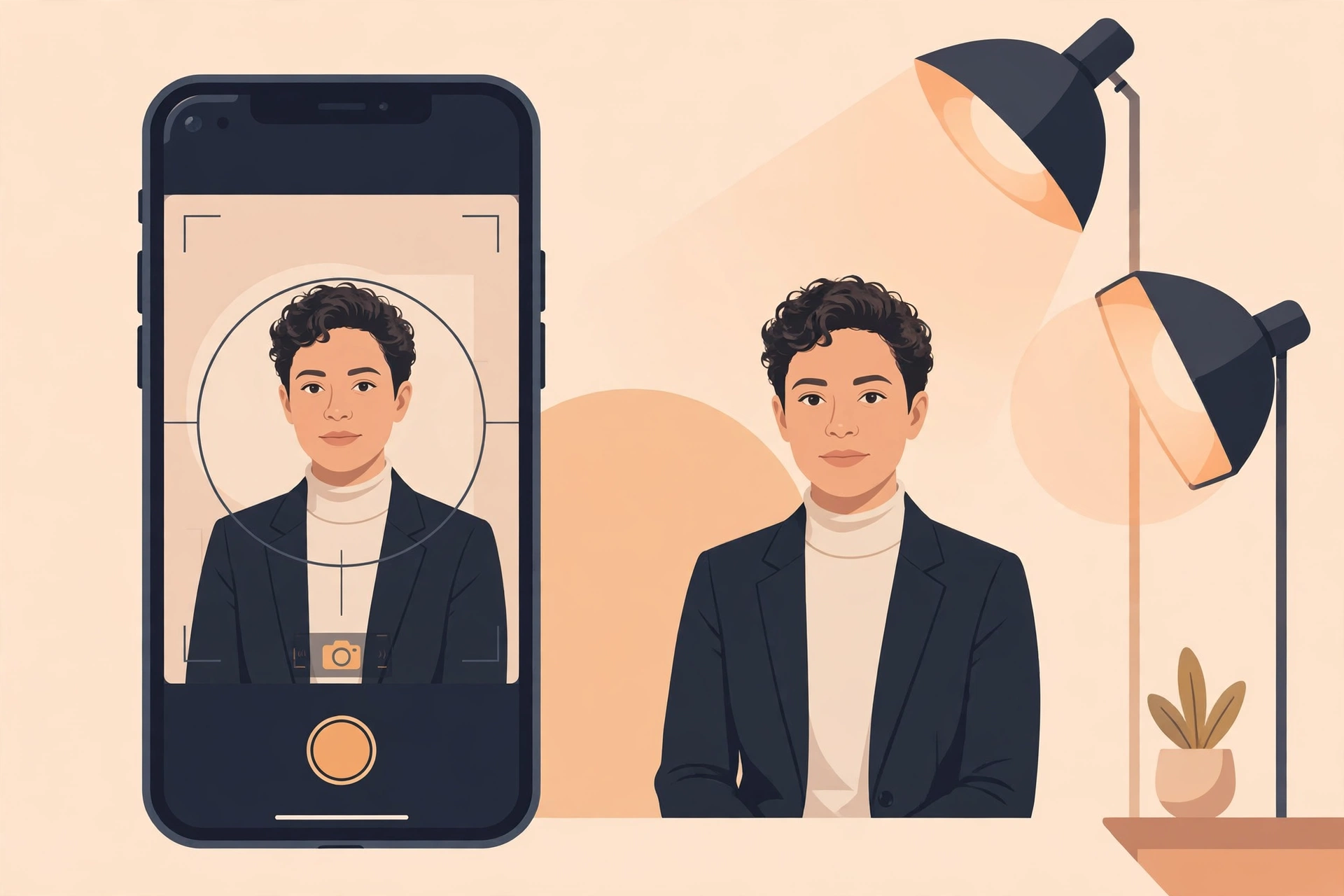 A smartphone camera capturing a professional headshot portrait with soft studio lighting
