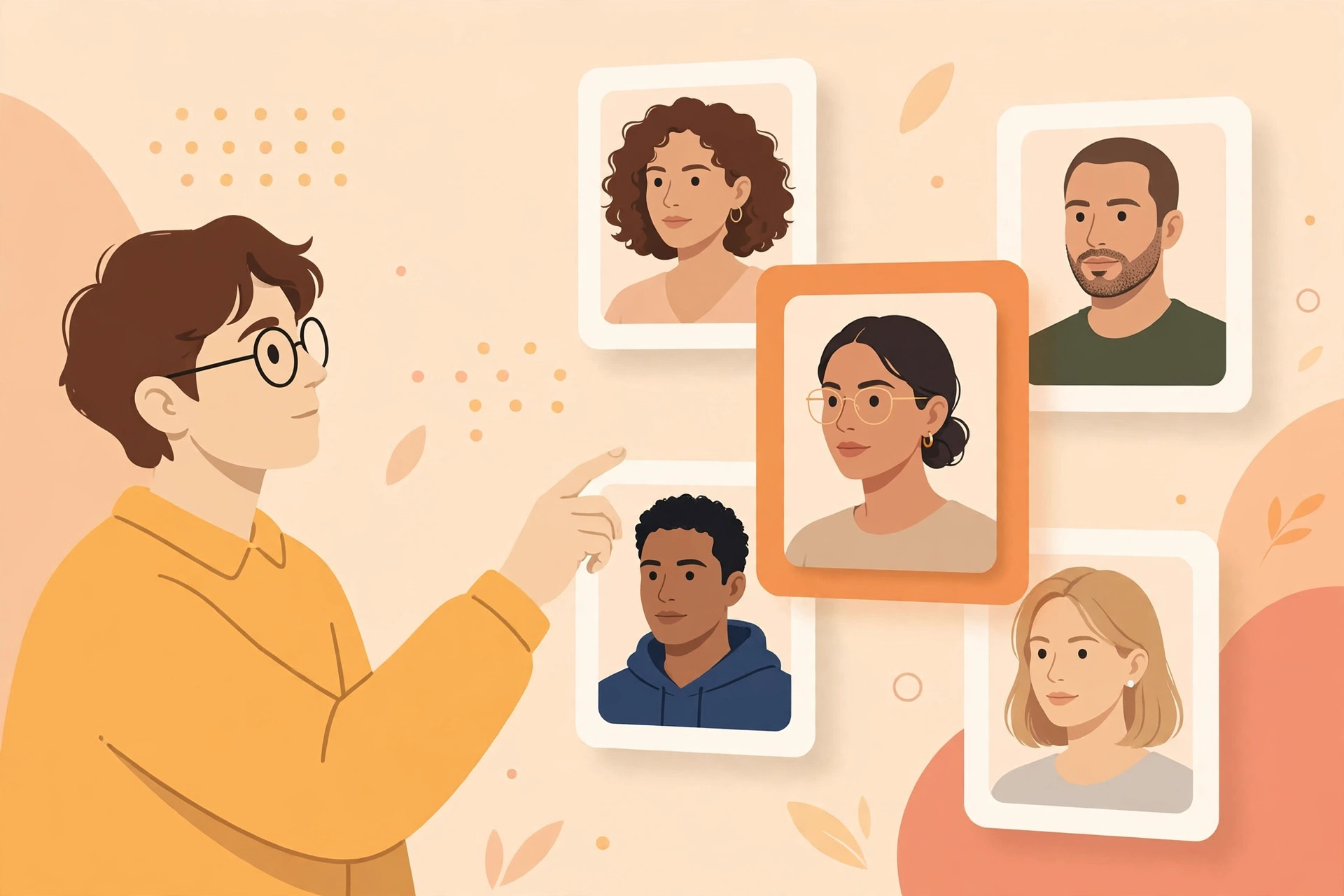 A person choosing between several AI-generated portrait photos on floating cards