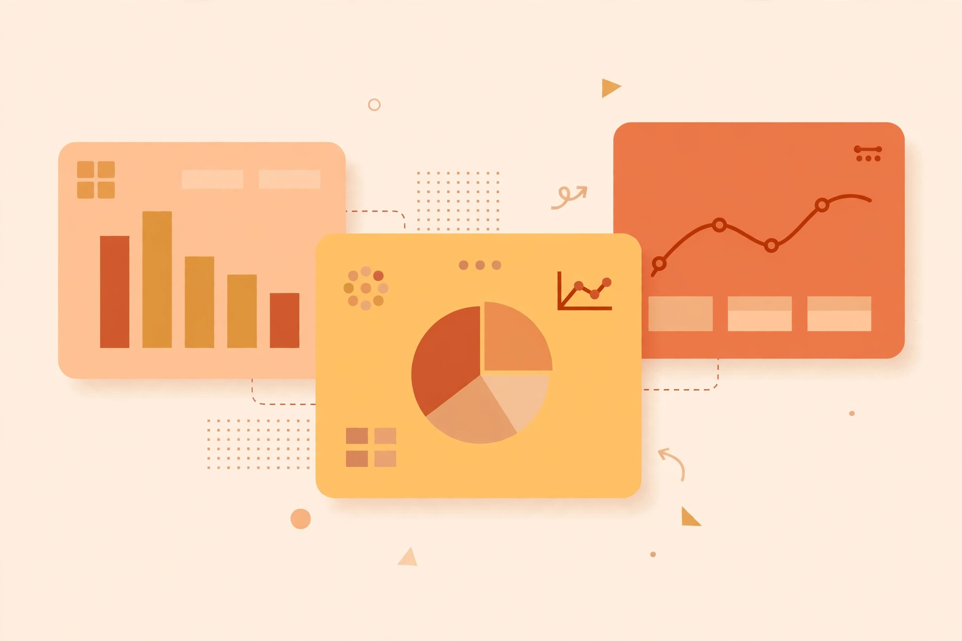 Three floating AI presentation slides with charts and layouts being arranged
