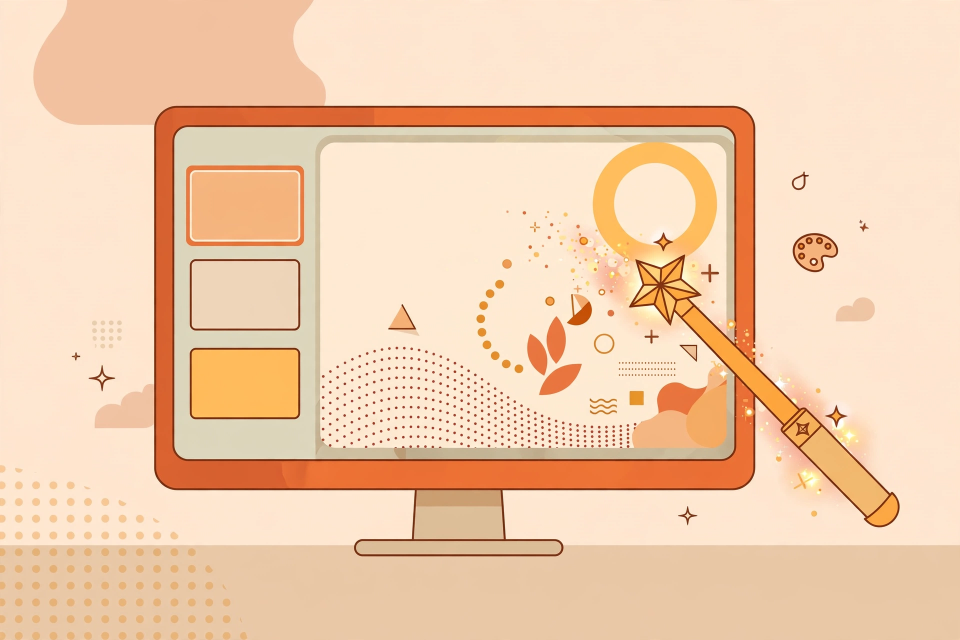 AI magic wand designing a presentation slide deck on screen